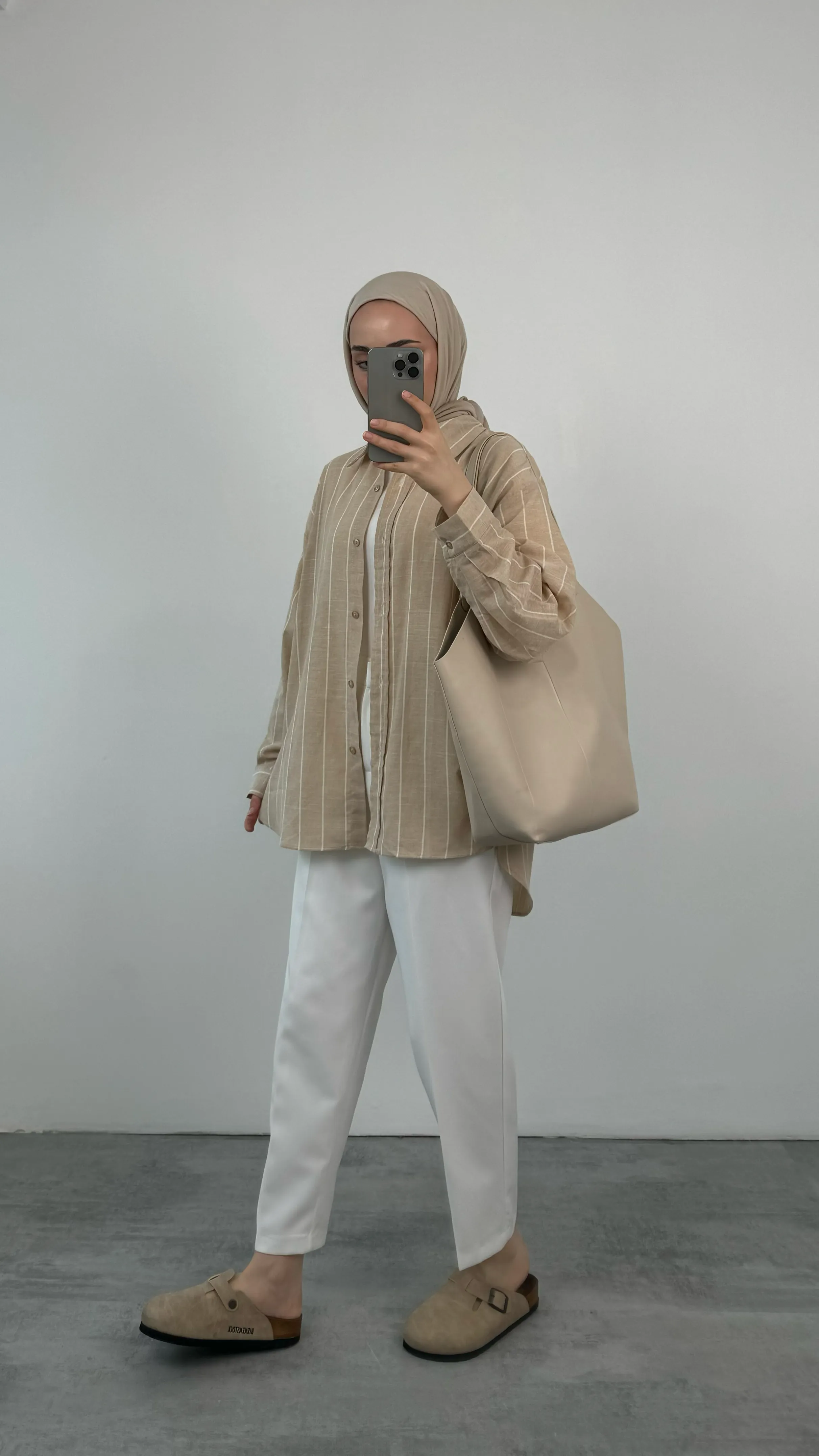 Keten Bej Çizgili Gömlek