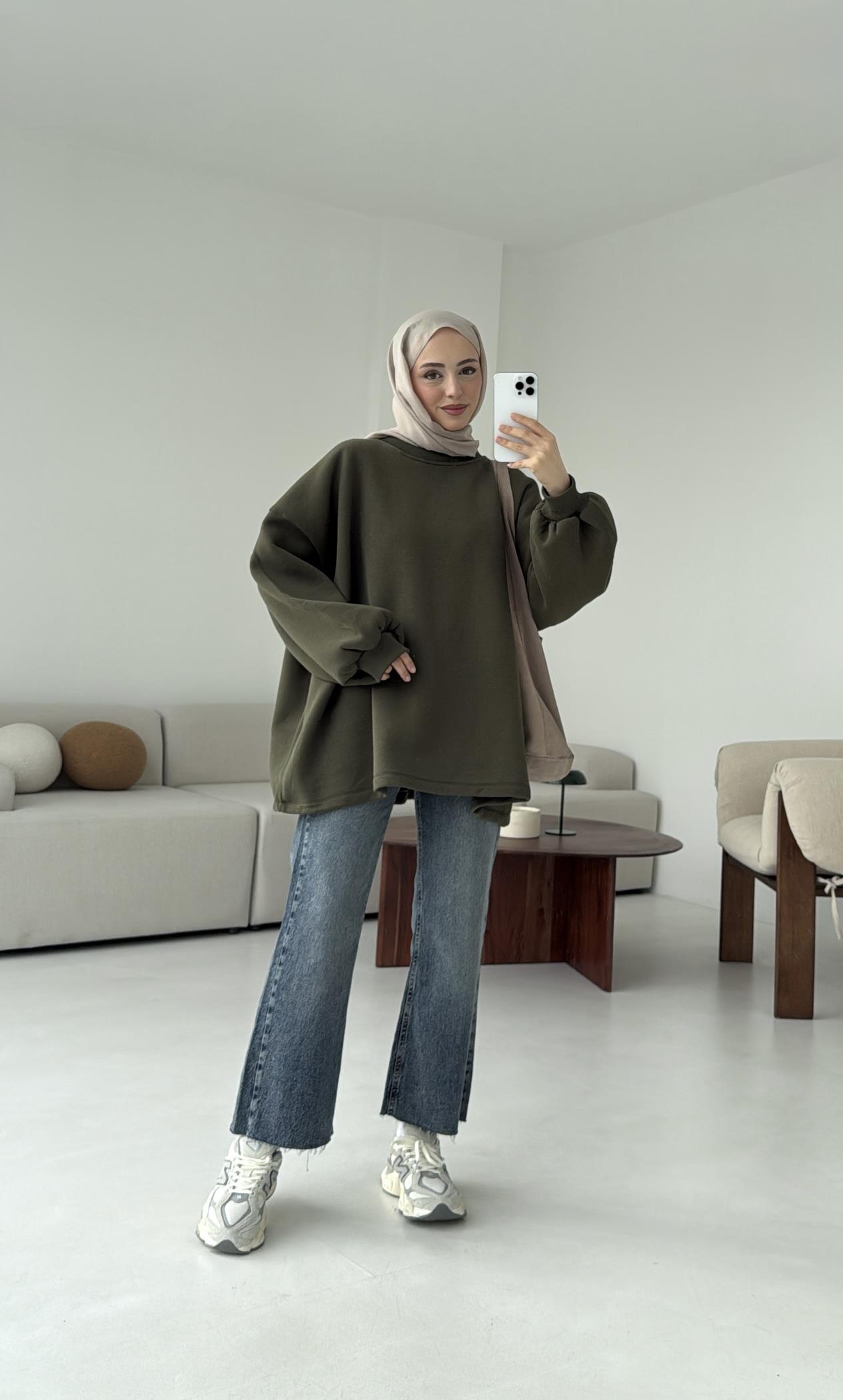 Oversize Şardonlu Sweatshirt Haki