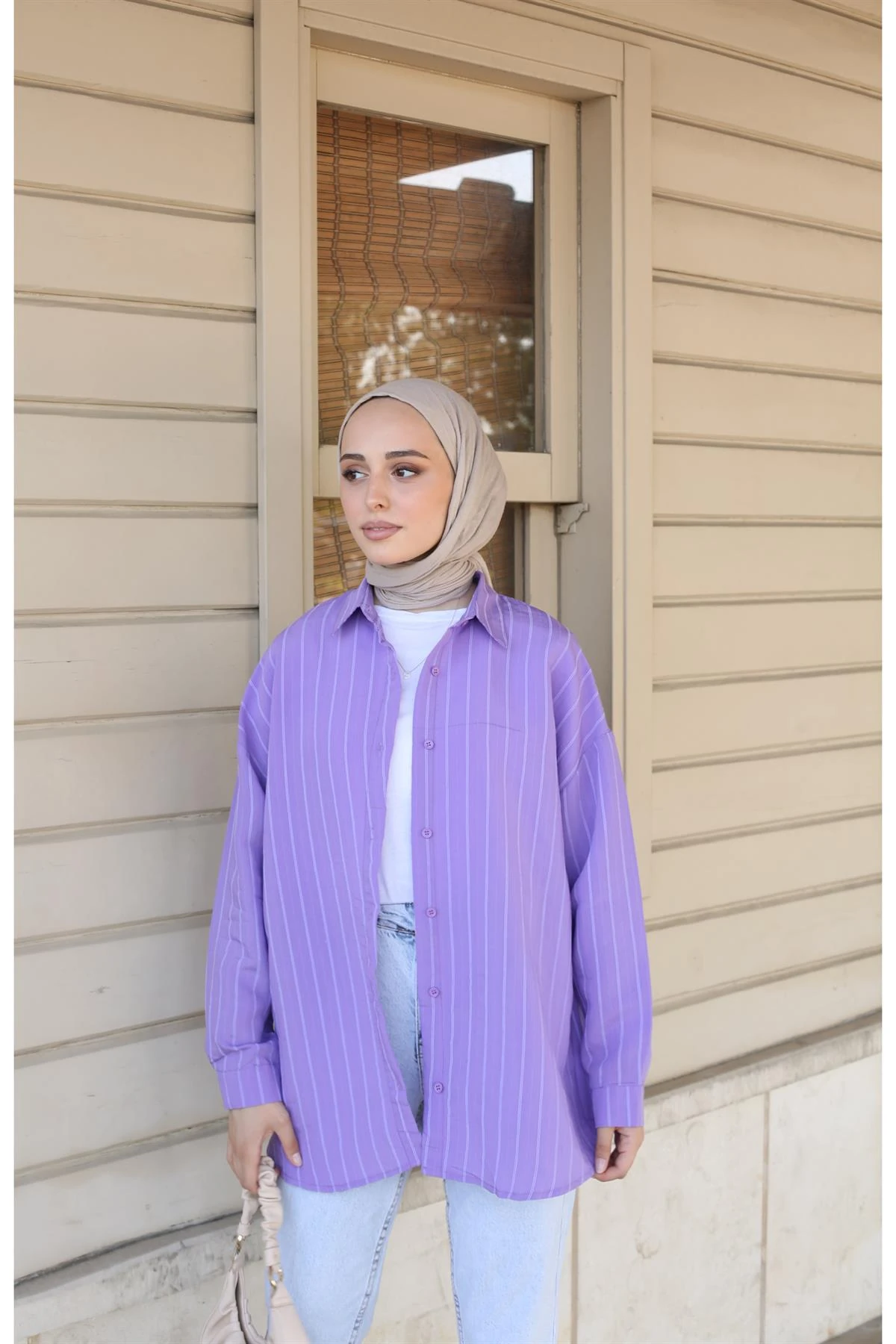 Çizgili Salaş Gömlek Mor