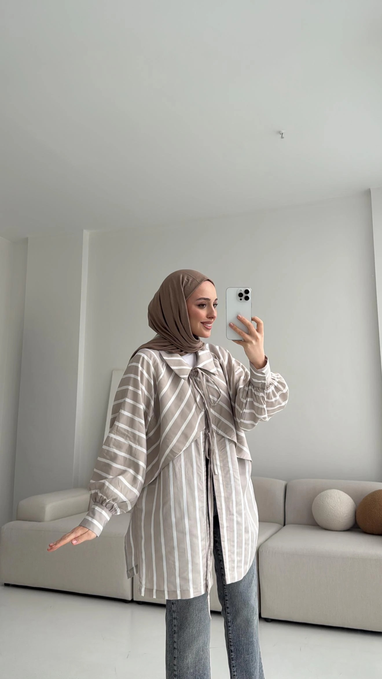 Çizgili Bağlamalı Kimono Bej