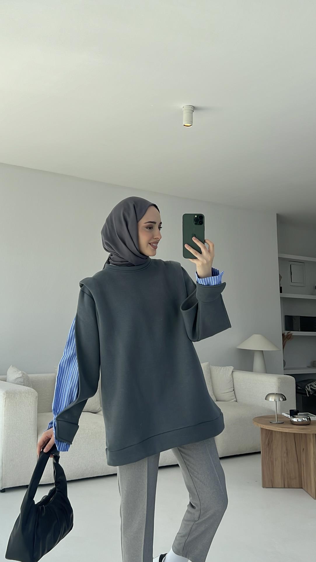 Gömlek Detaylı Sweatshirt Antrasit