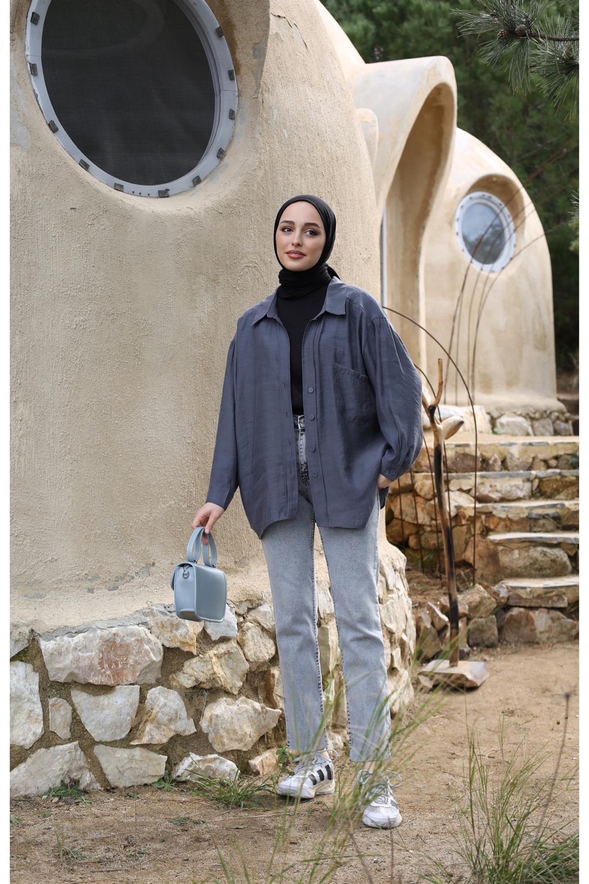 Oversize Pamuk Saten Gömlek Antrasit