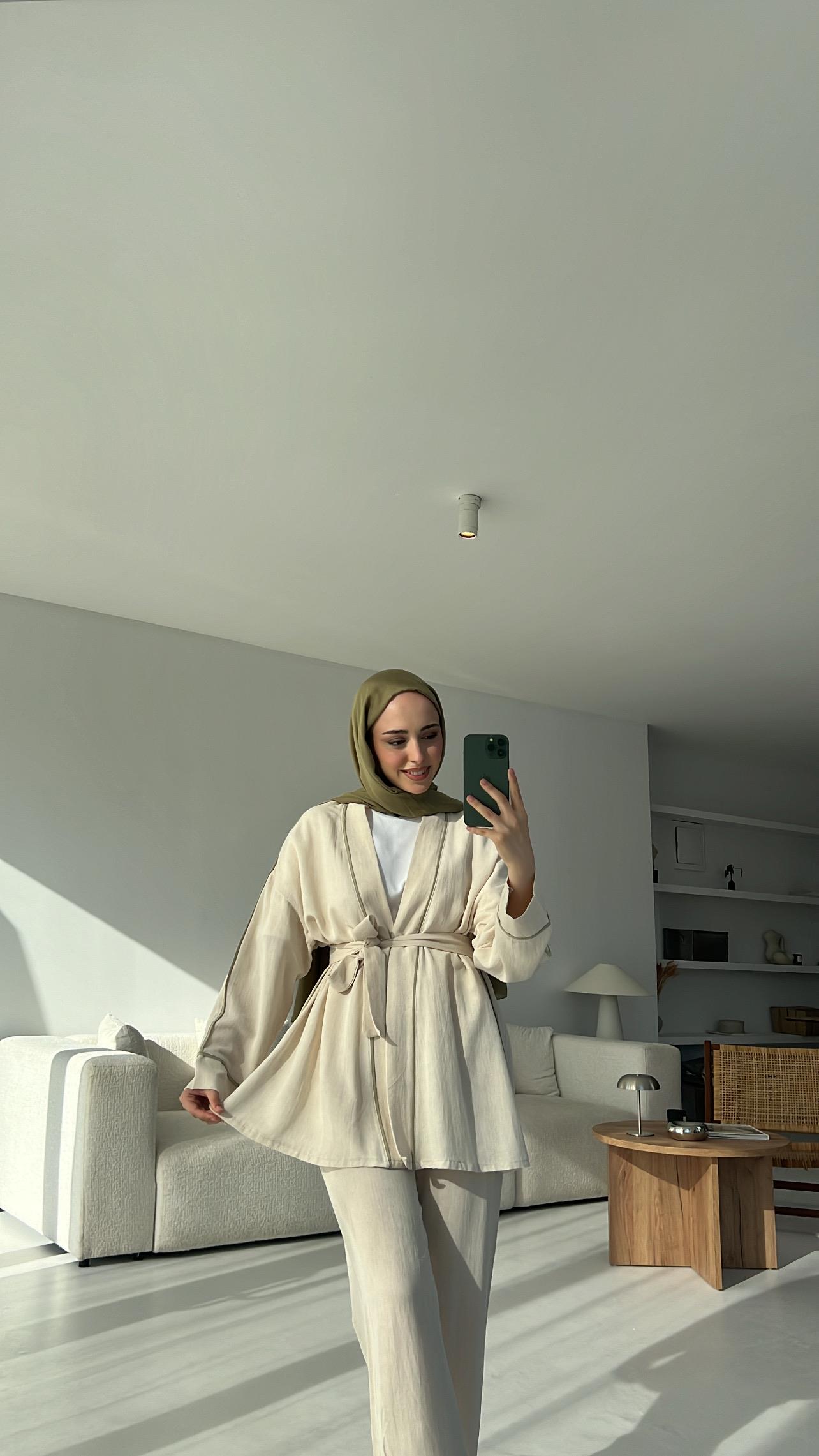 Ara Biyeli Keten Takım Bej