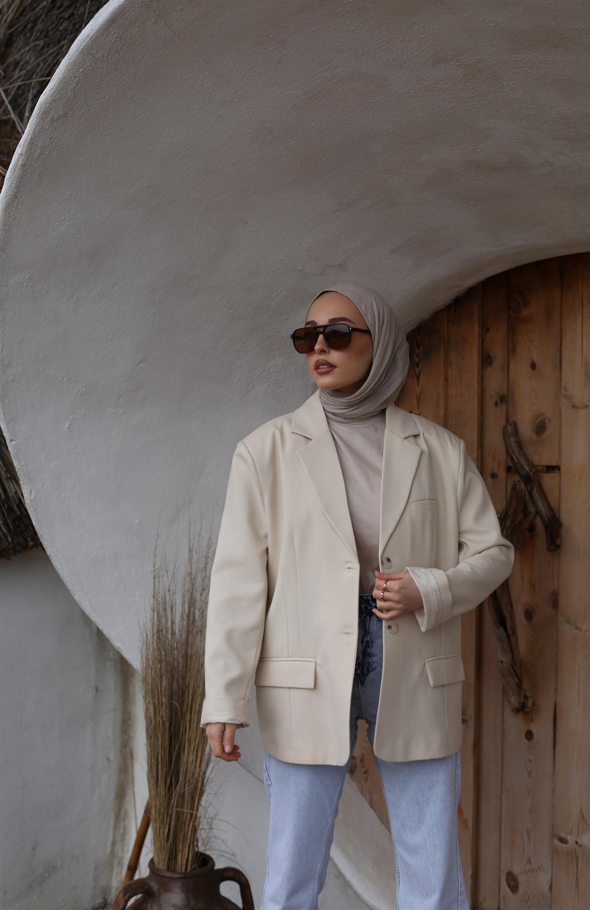 Oversize Kesim Blazer Ceket Bej