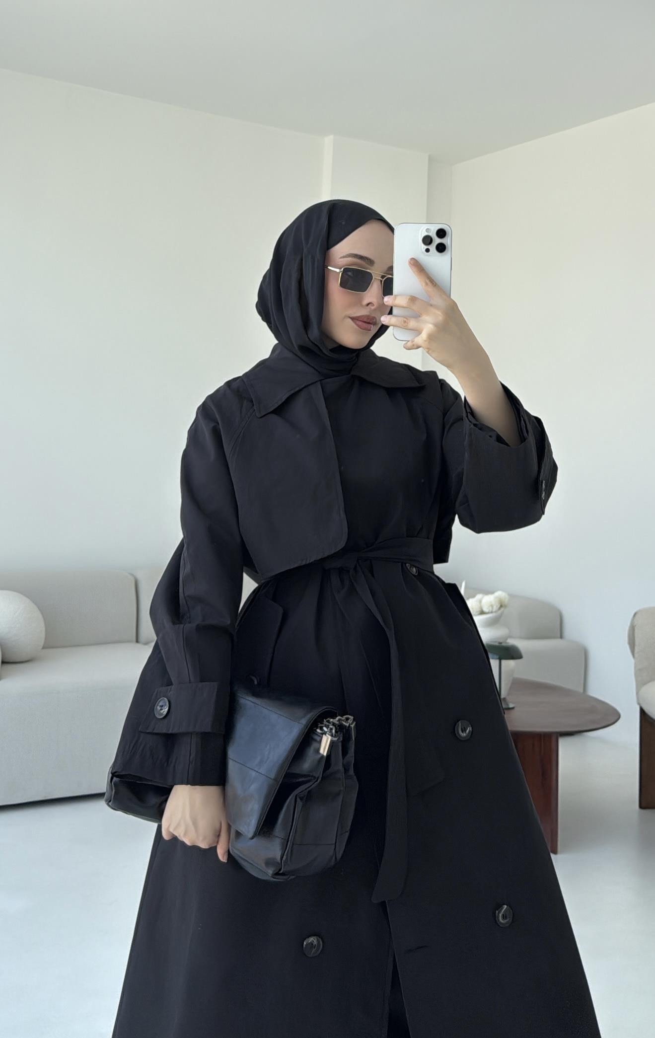 Kuşaklı Premium Trençkot Siyah
