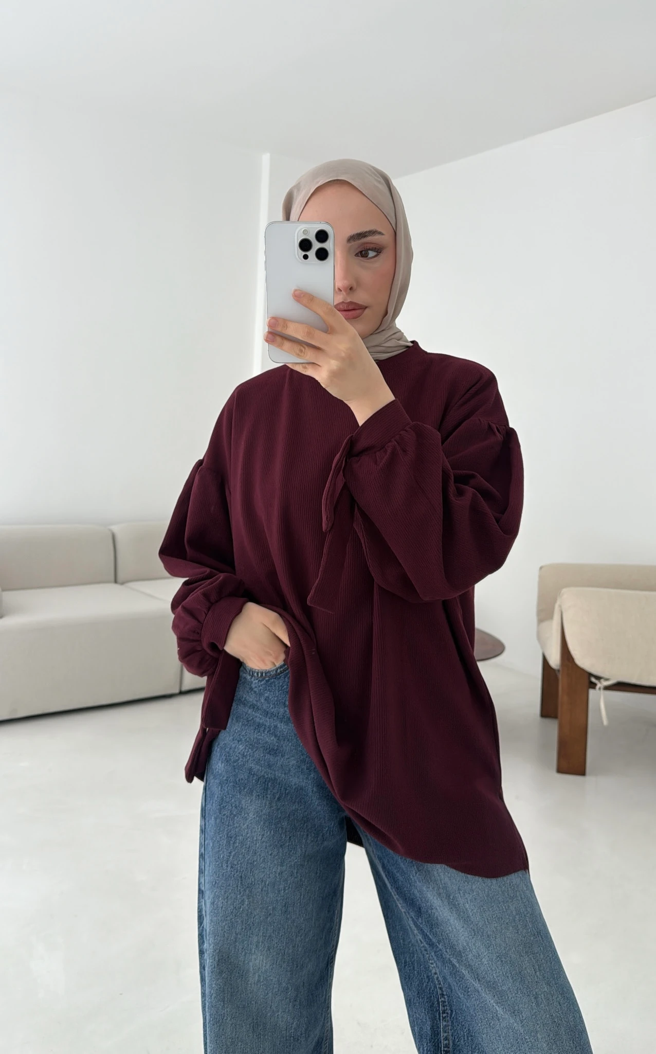 Selanik Balon Kol Bagcıklı Sweat Bordo