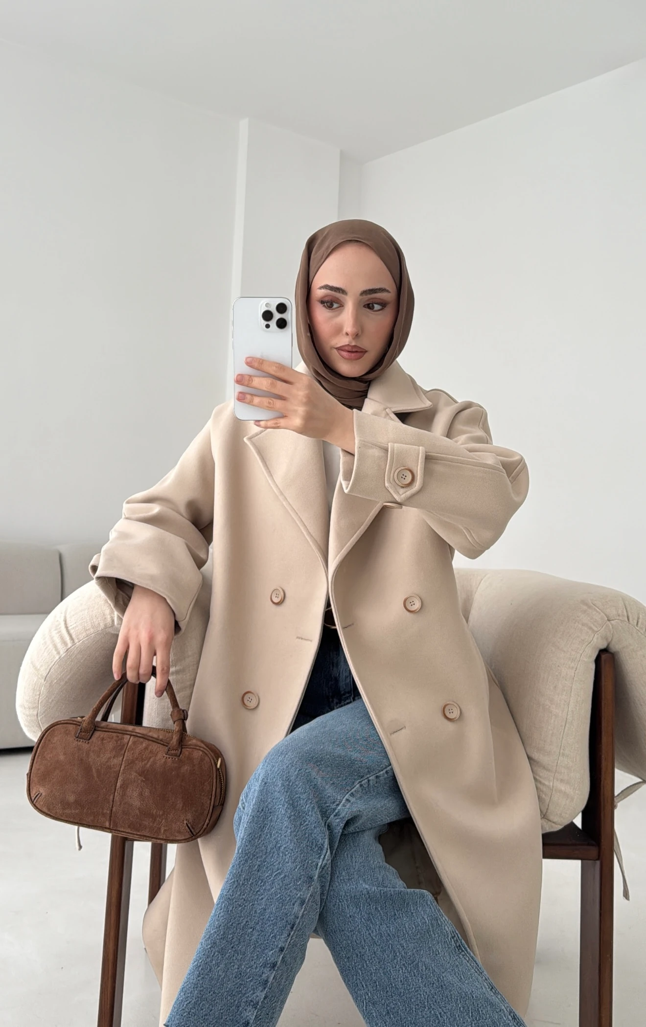  Çift Düğmeli Uzun Kaban Bej