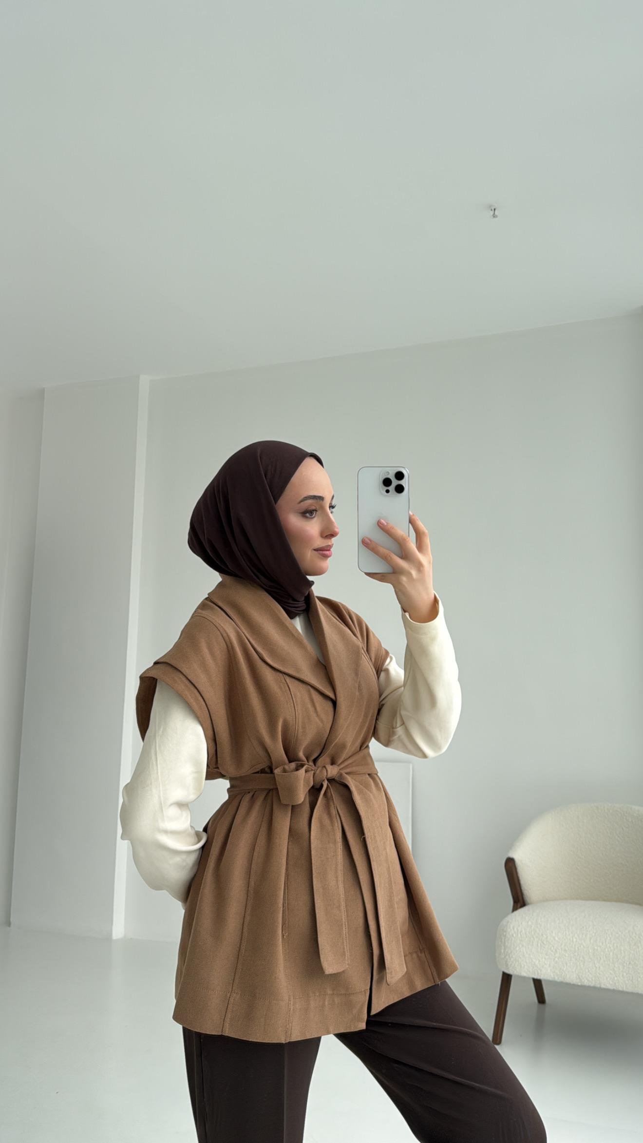 Gabardin Bağlamalı Yelek Taba