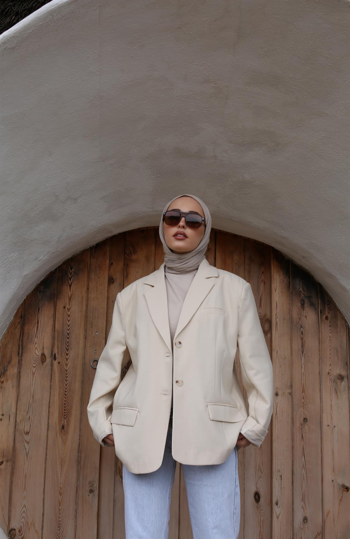 Oversize Kesim Blazer Ceket Bej