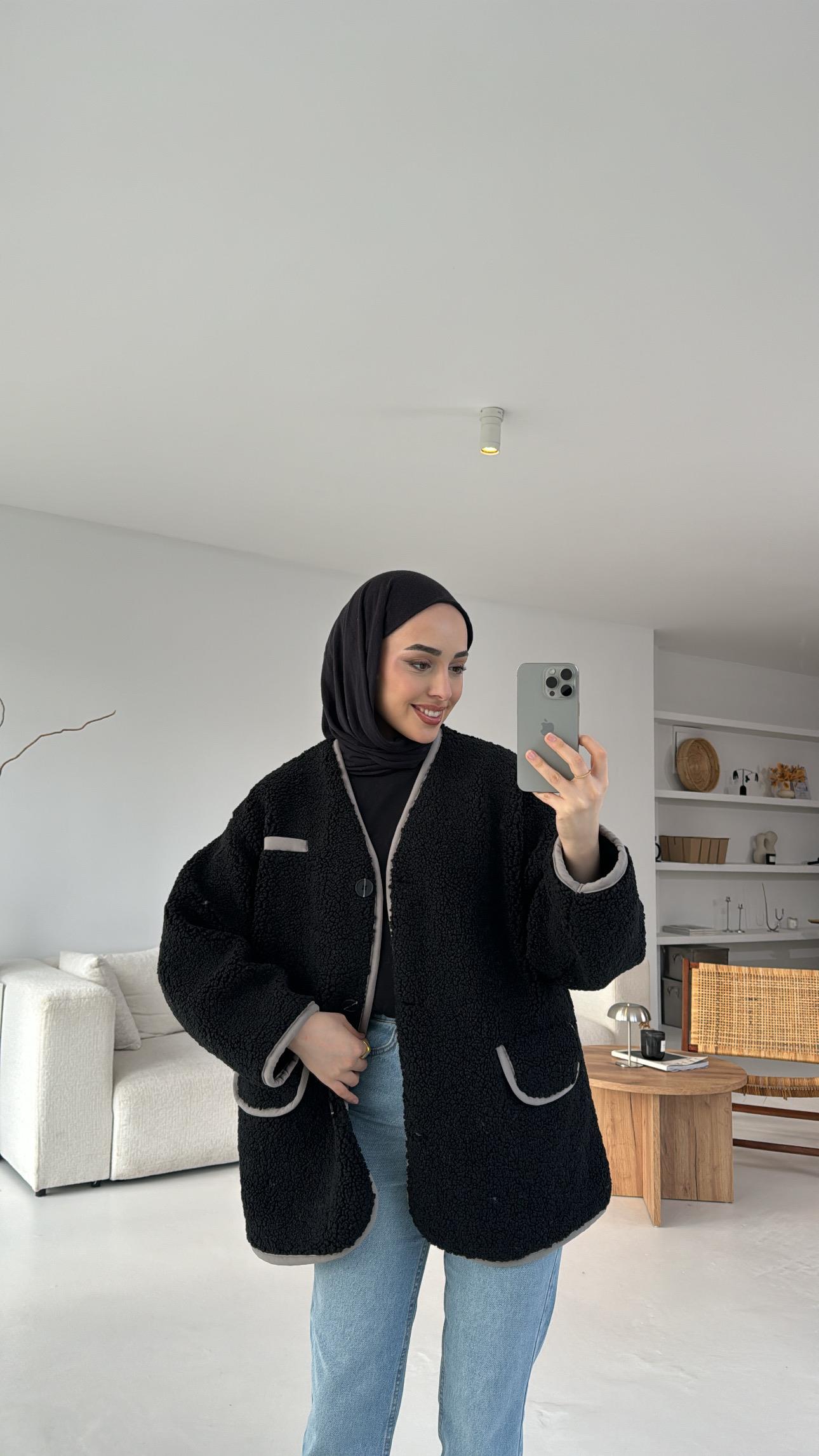 Düğmeli Oversize Teddy Ceket Siyah