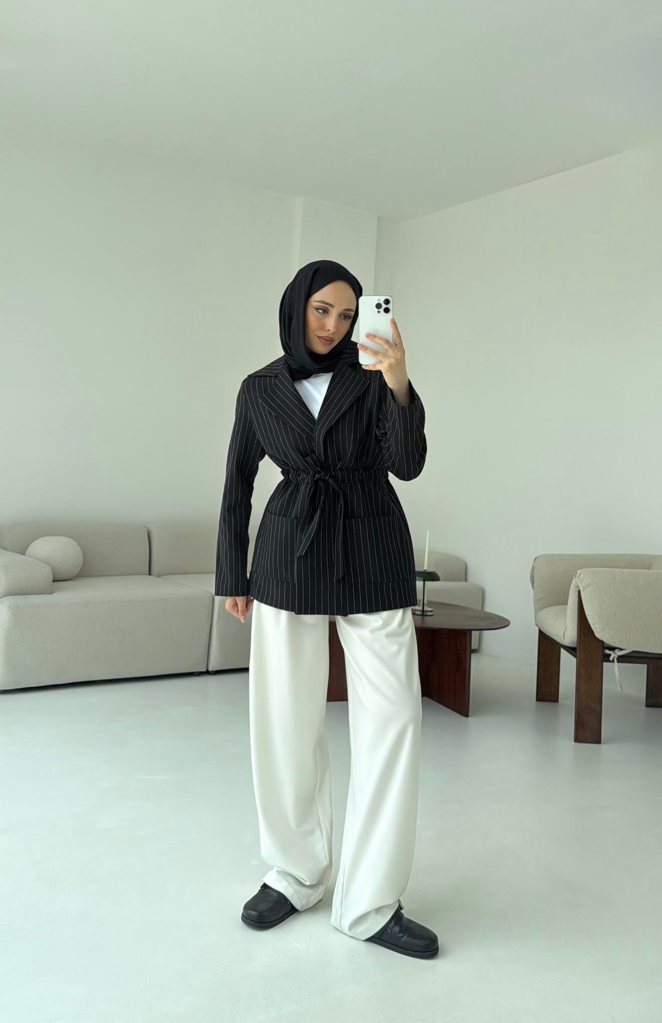 Bağlamalı Siyah Çizgili Blazer Ceket