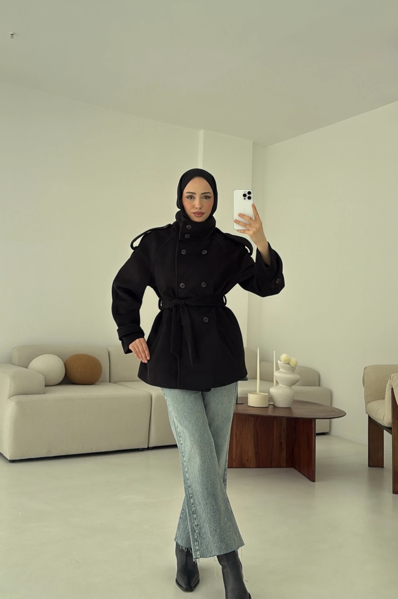 Kuşaklı Oversize Kaşe Kaban Siyah