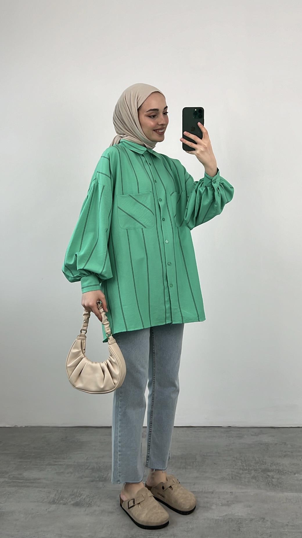 Balon Kol Çizgili Yeşil Gömlek