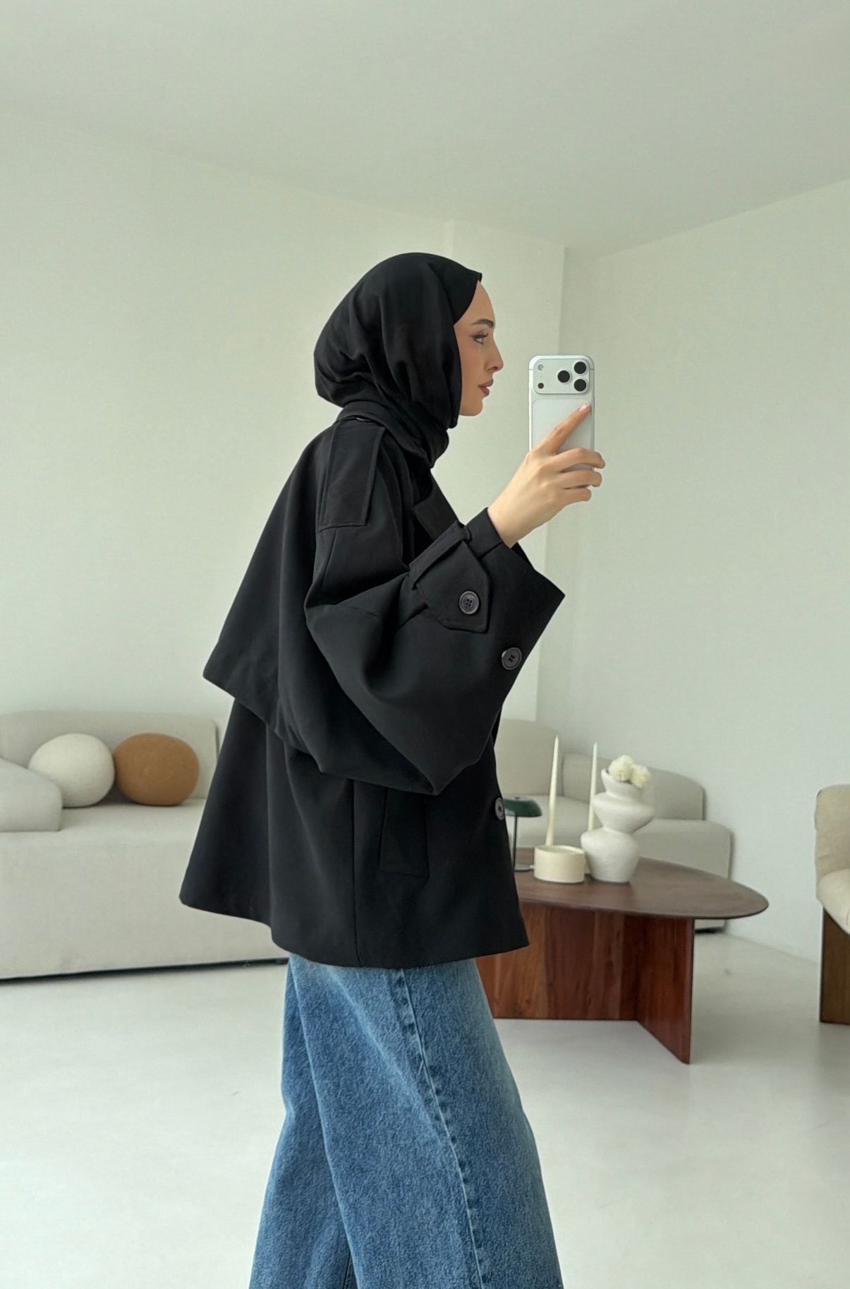 Dökümlü Trençkot Siyah