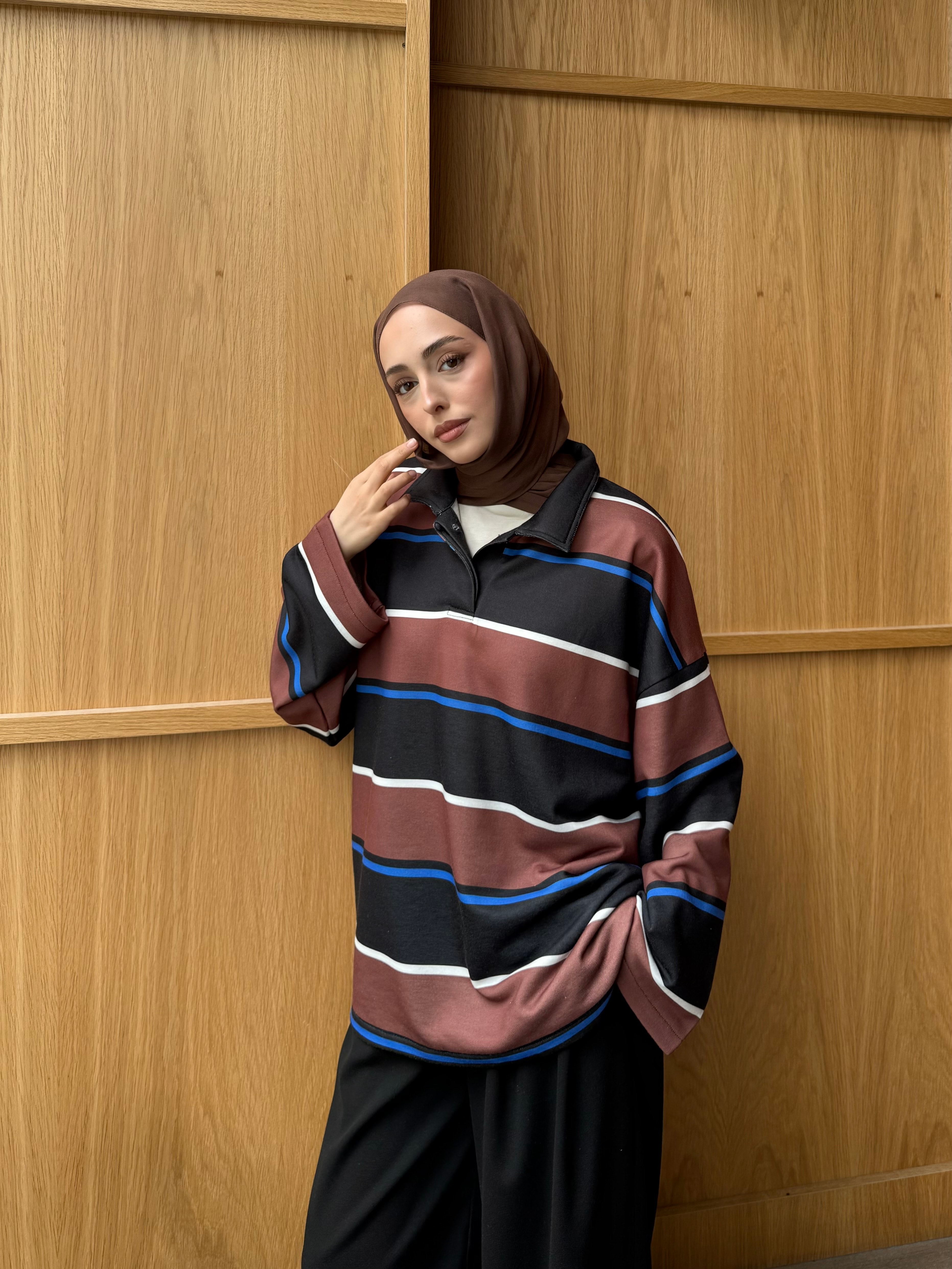 Fleece Polo Yaka Sweatshirt Kahve