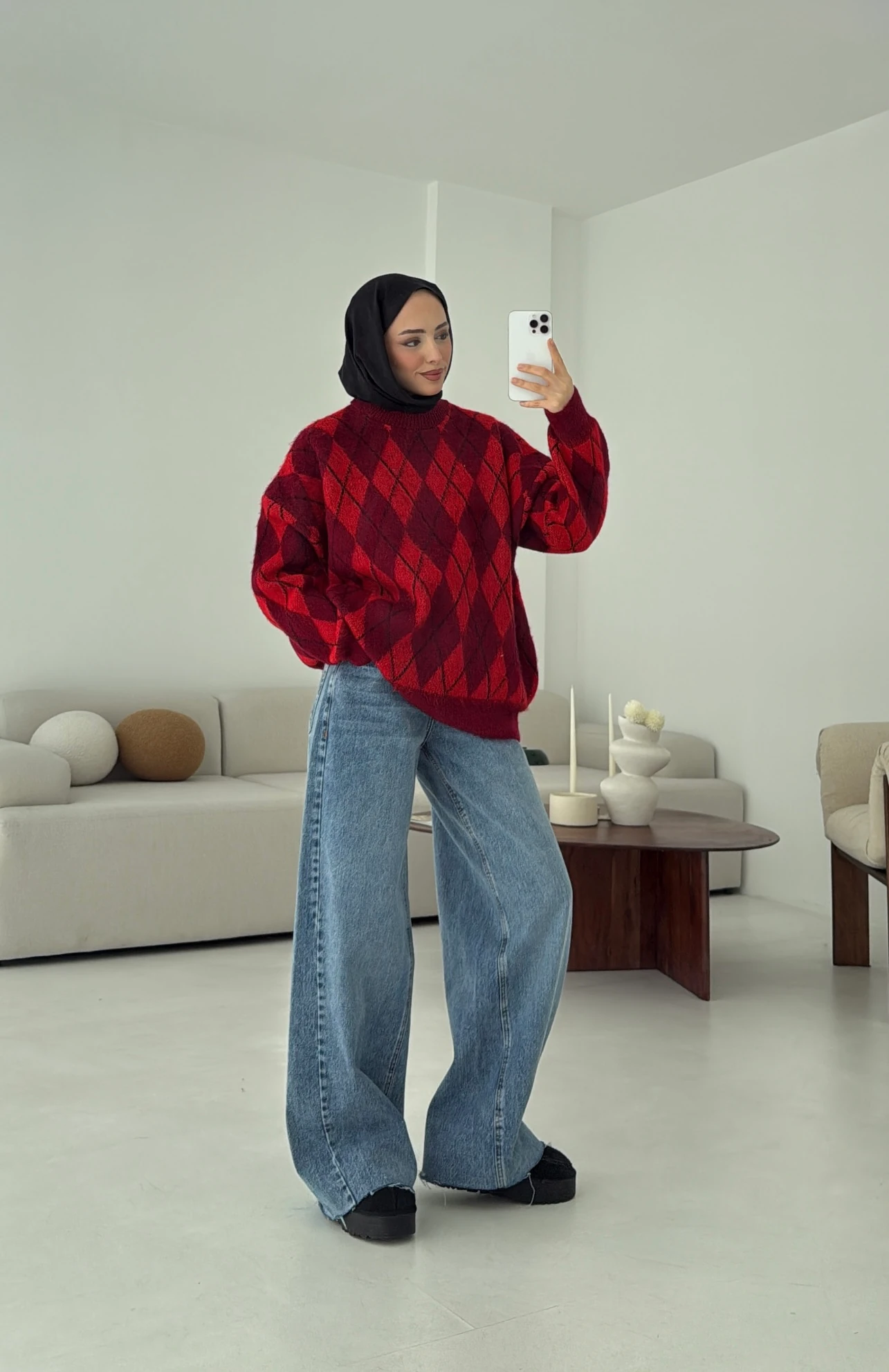 Baklava Desen Şardonlu Kazak Bordo