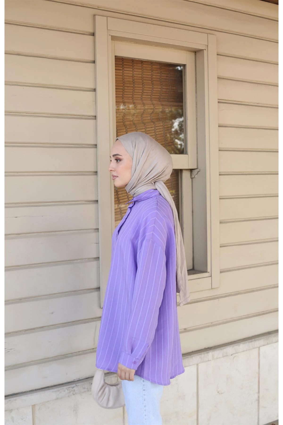 Çizgili Salaş Gömlek Mor