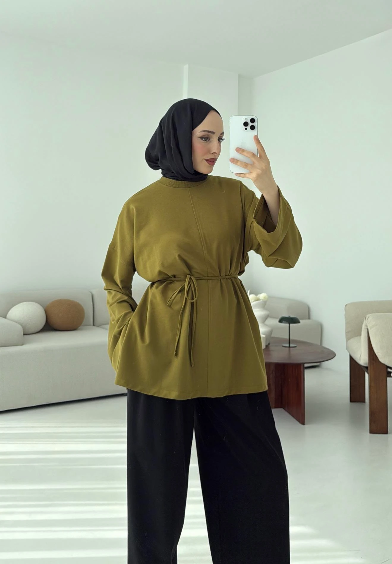 Bağlamalı Yanı Yırtmaç Detay Sweat Olive