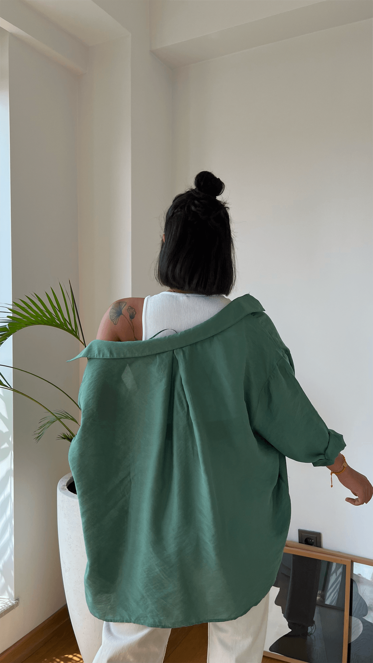 Oversize Pamuk Saten Gömlek Yeşil