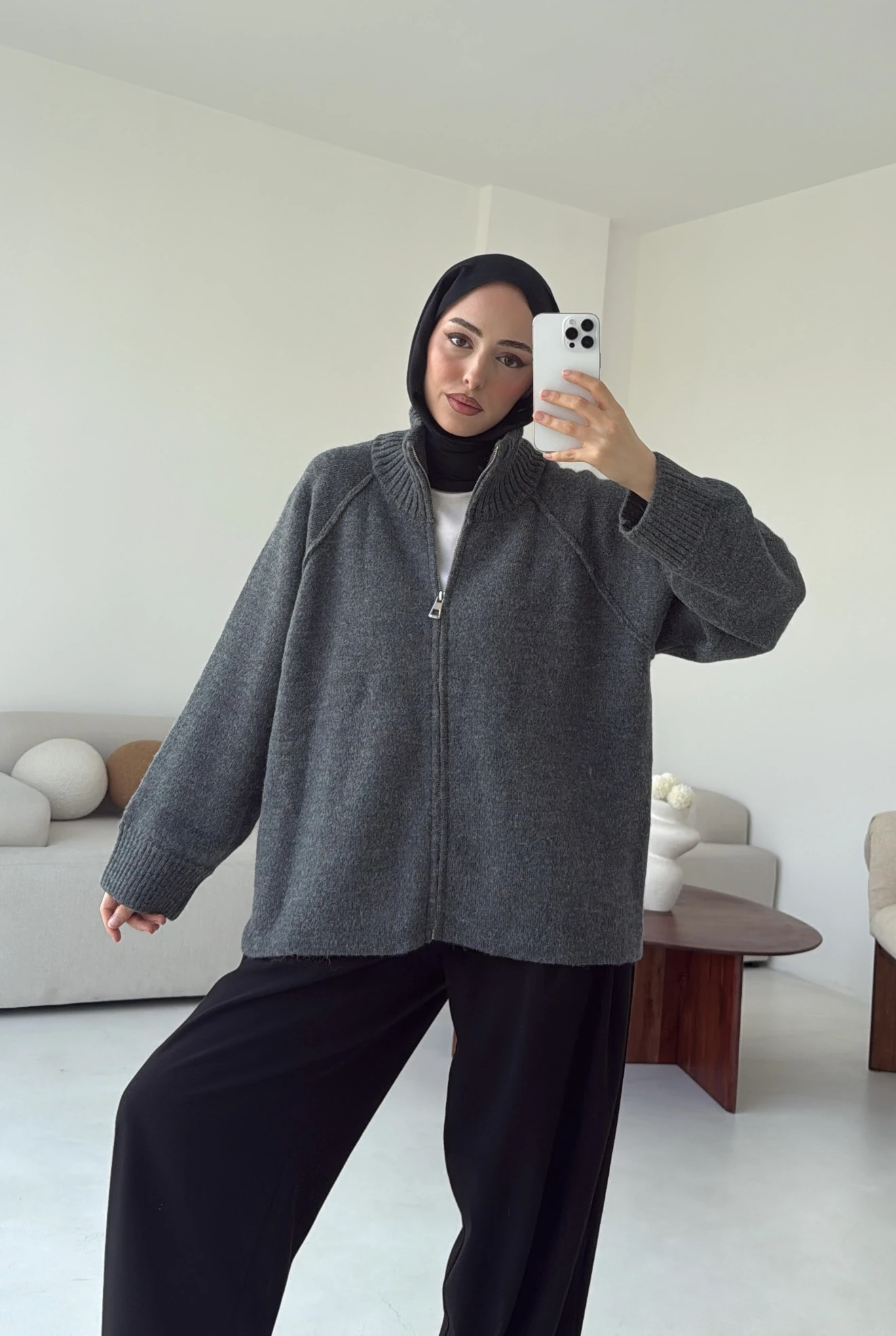 Fermuarlı Şardonlu Hırka Antrasit