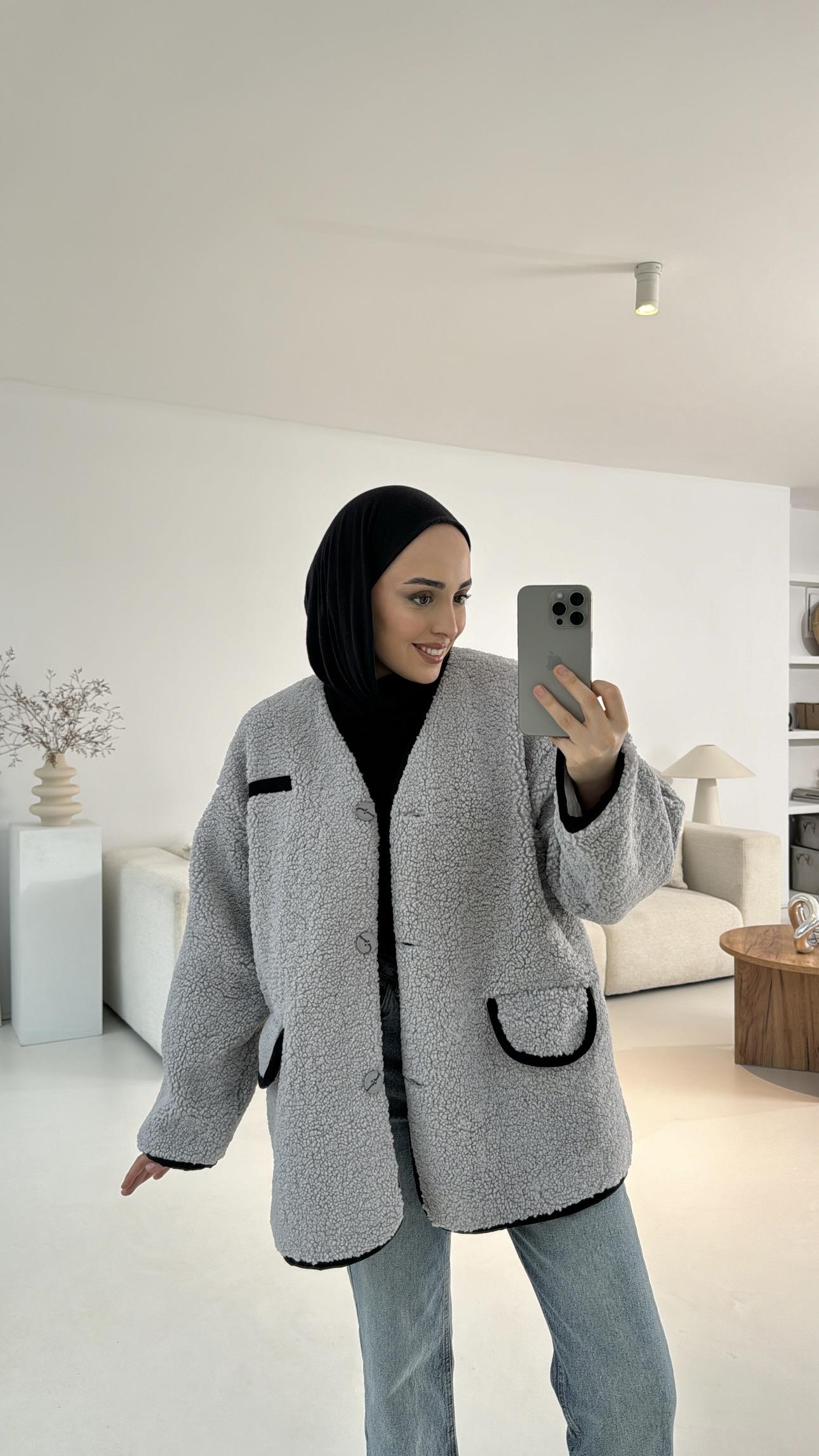 Düğmeli Oversize Teddy Ceket Gri