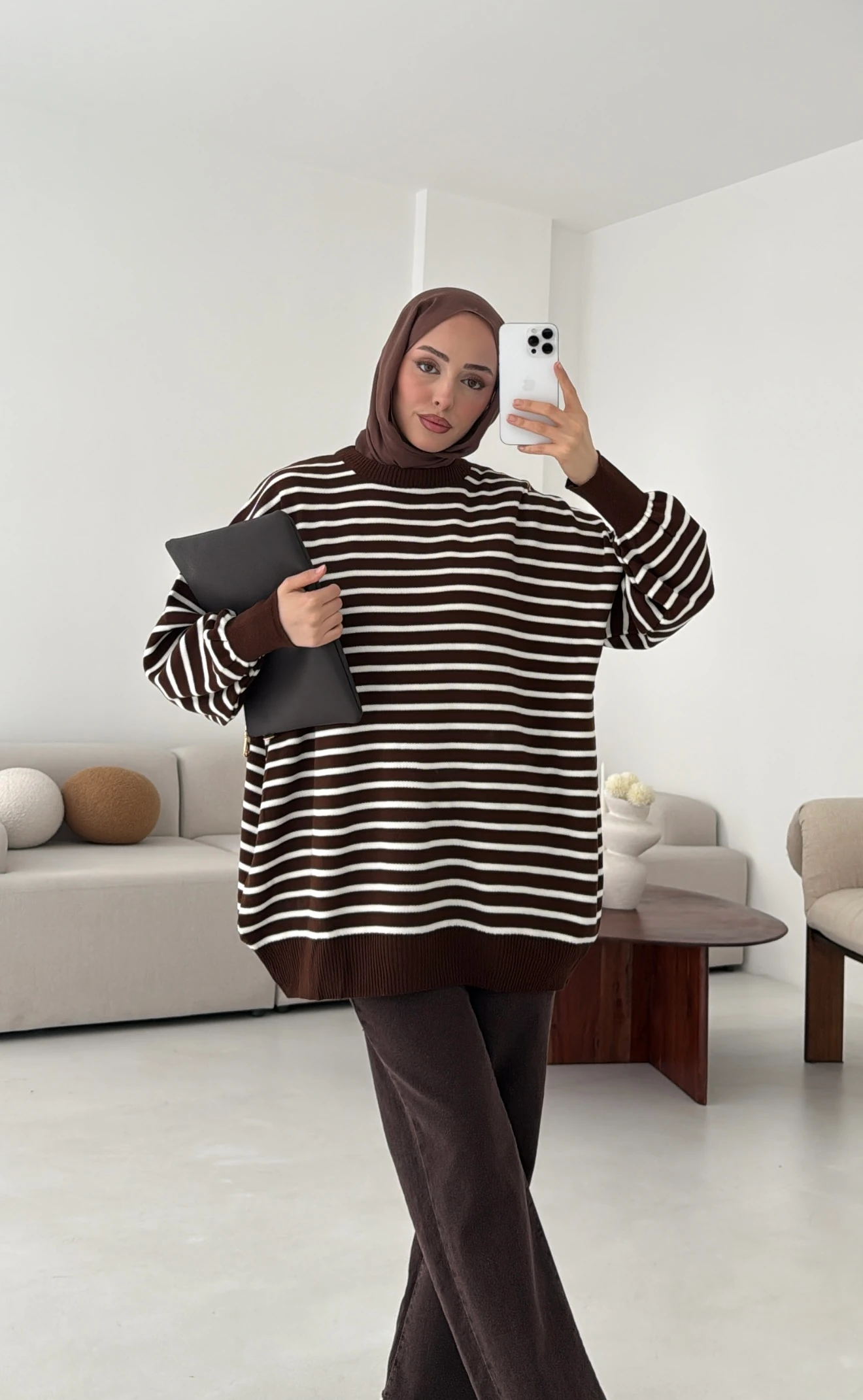 Çizgili Triko Kazak Kahve