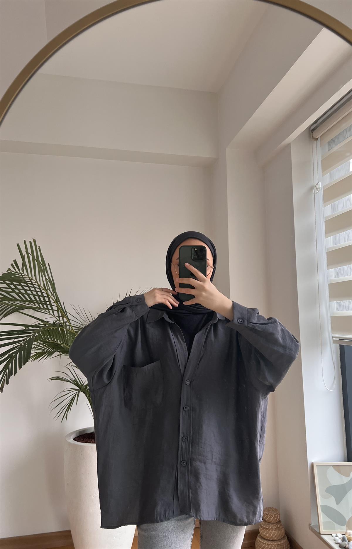 Oversize Pamuk Saten Gömlek Antrasit