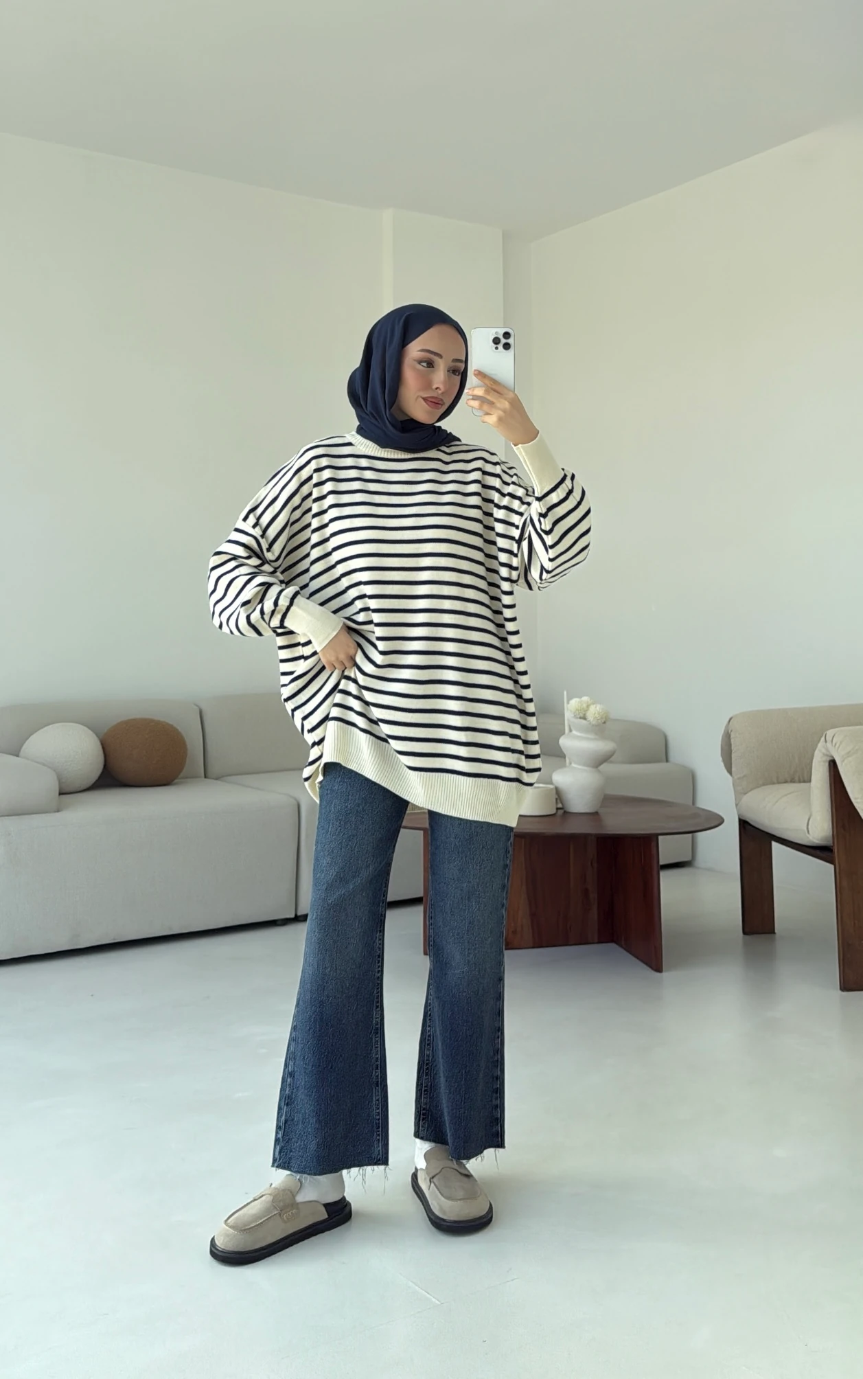 Çizgili Triko Kazak Ekru