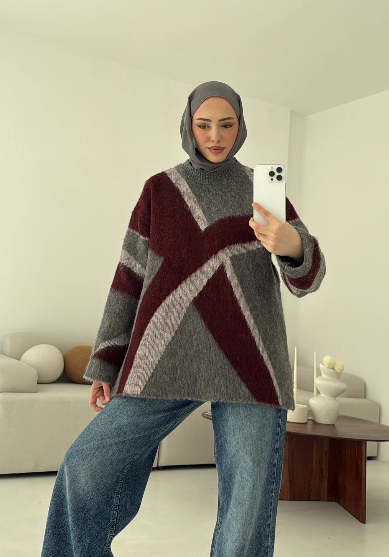 Gri Bordo Geçişli Kalın kazak