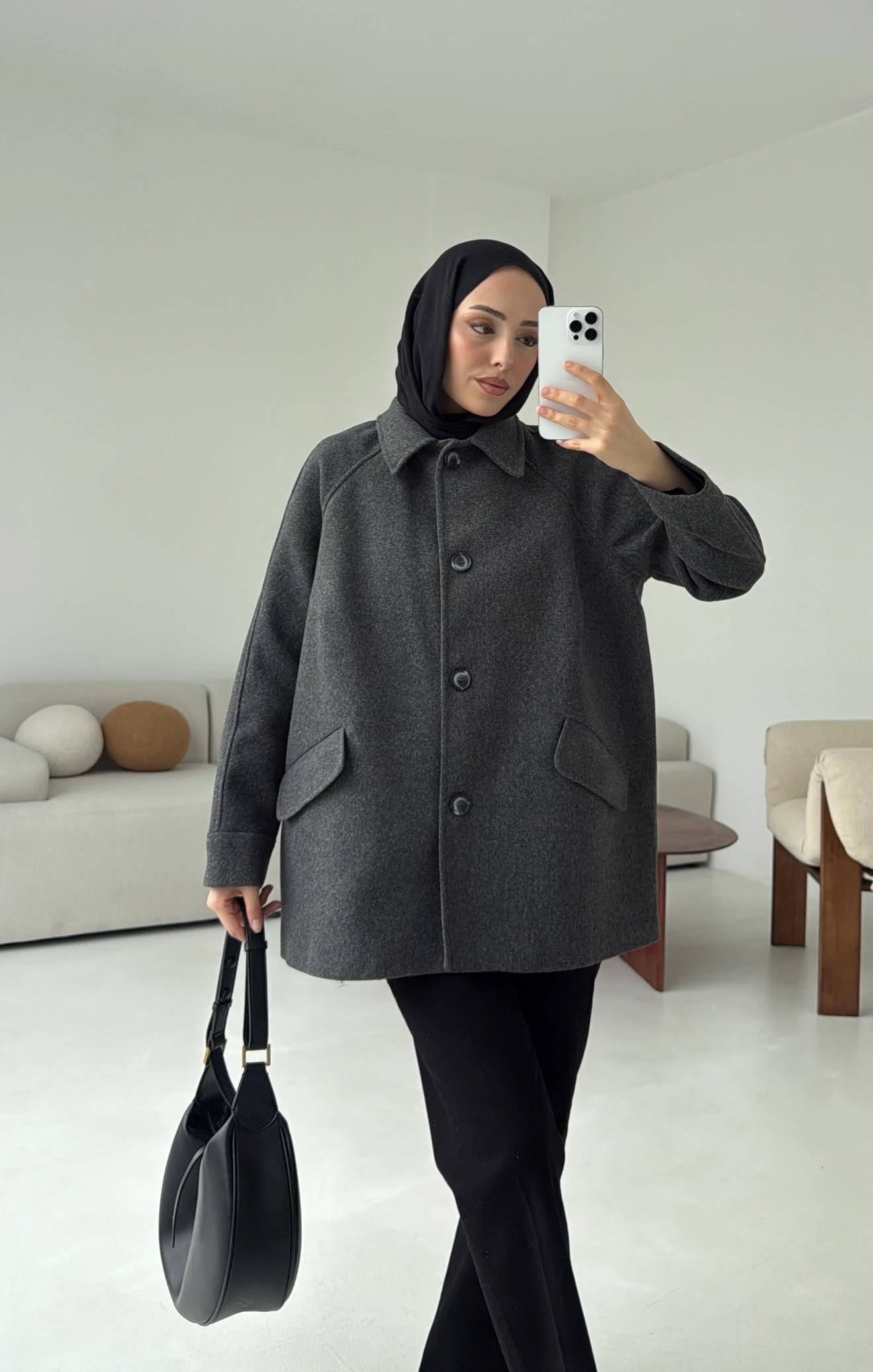 Ön Düğmeli Kaban Antrasit