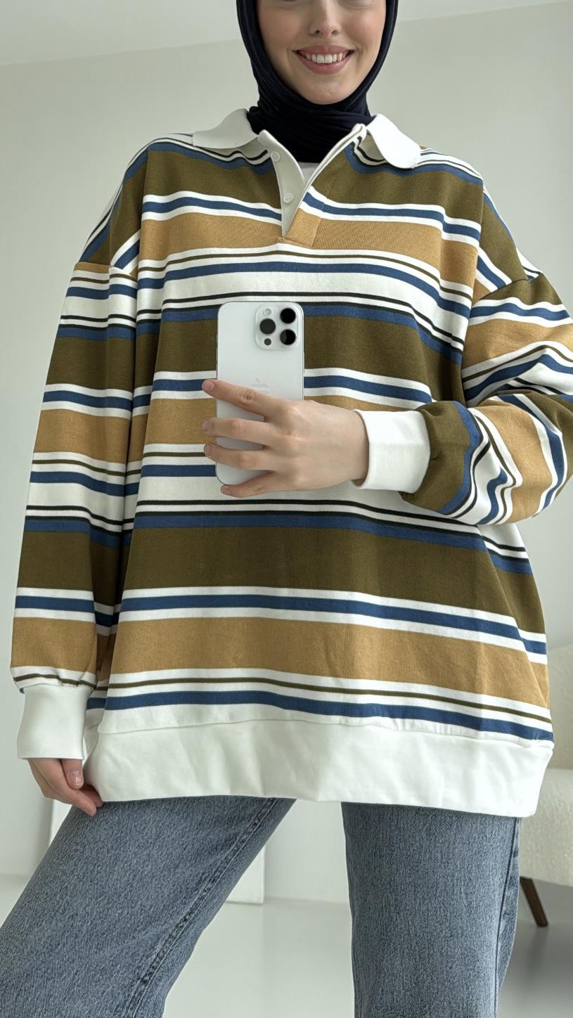 Polo Yaka Yeşil Sweatshirt