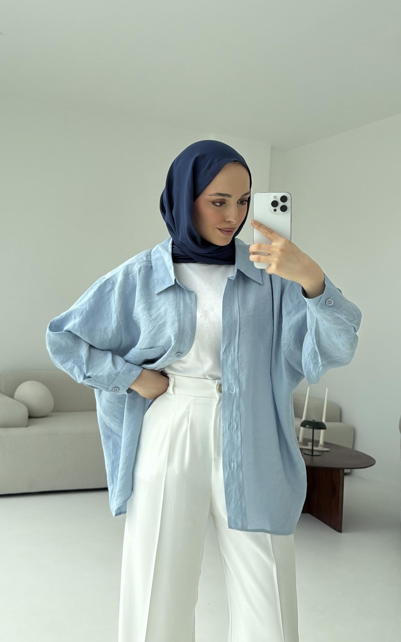Düşük Omuz Oversize Gömlek Mavi