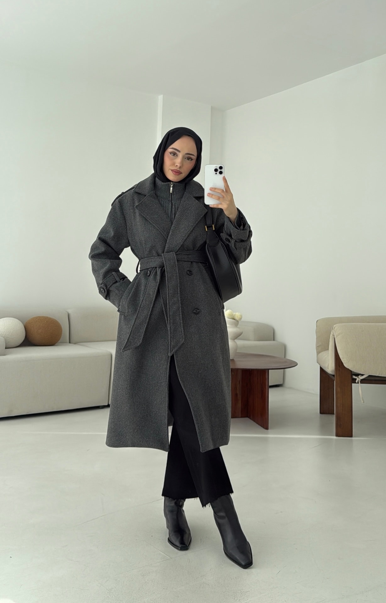 Premium Uzun Kaşe Kaban Antrasit