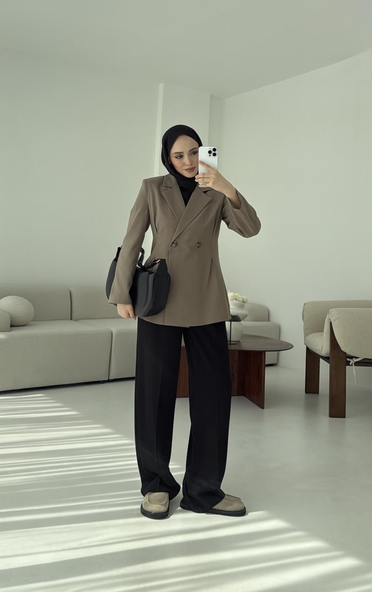 Pile Detay Blazer Ceket Vizon