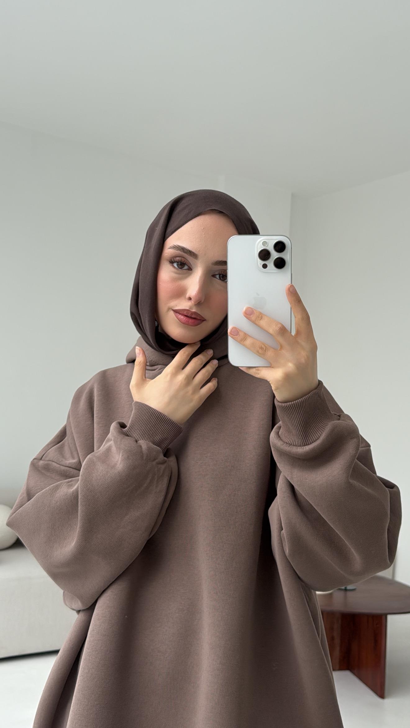 Kapüşonlu Oversize Şardonlu Sweatshirt Kahve