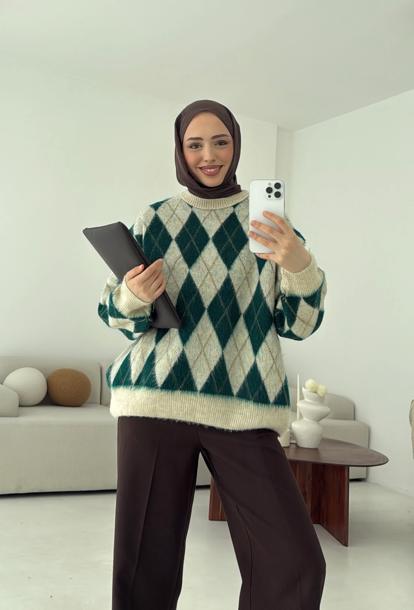 Baklava Desen Şardonlu Kazak Yeşil