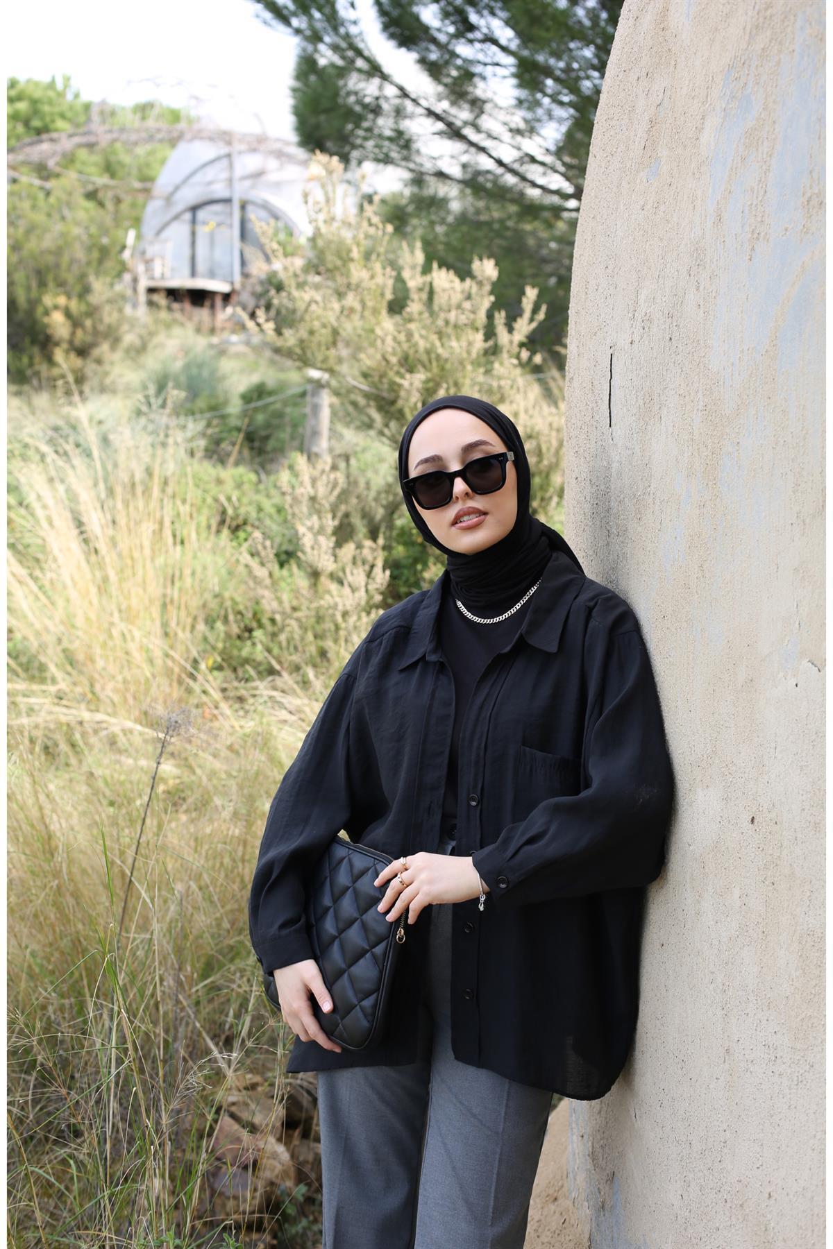 Oversize Pamuk Saten Gömlek Siyah