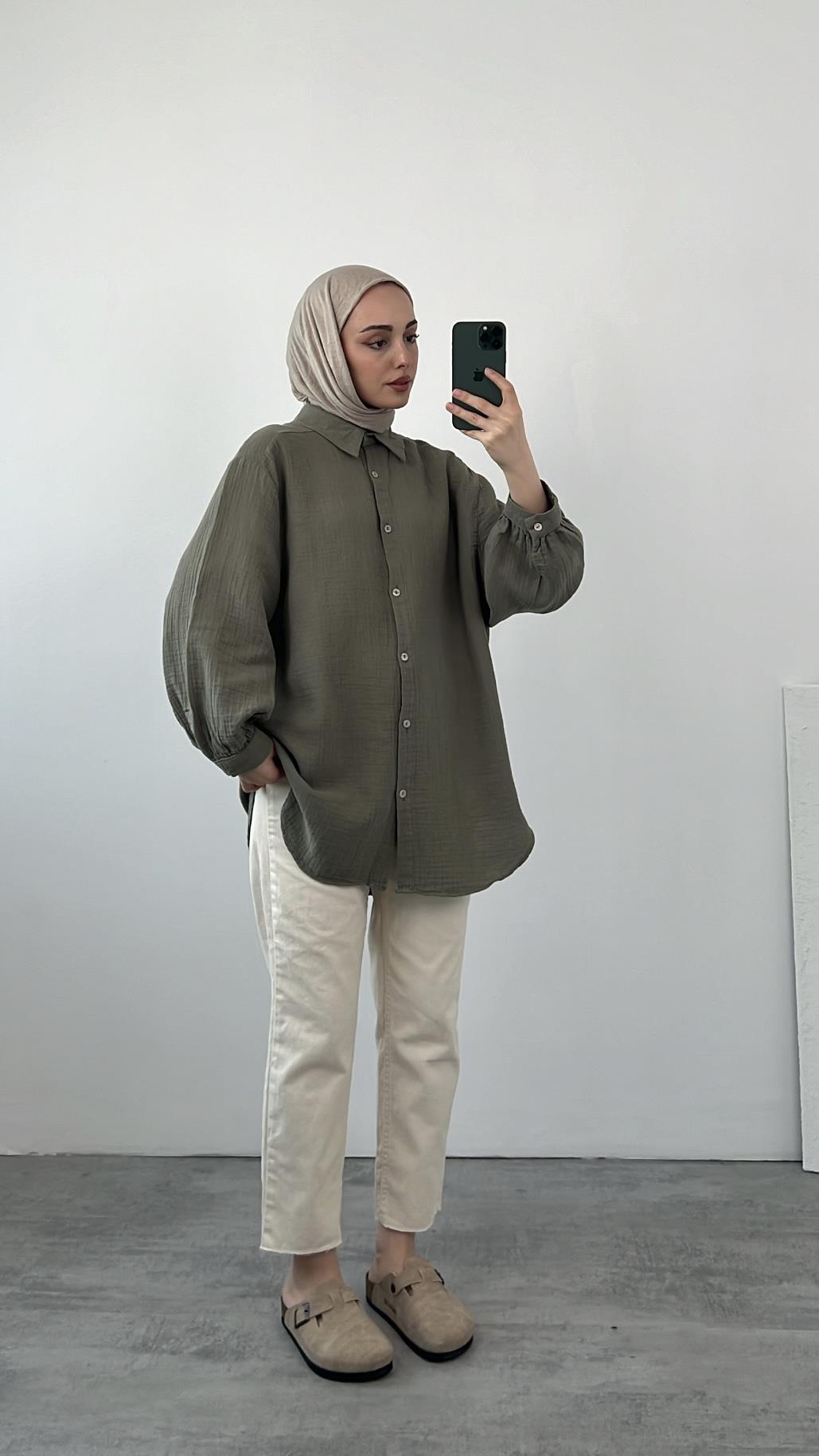 Oversize Müslin Gömlek Haki