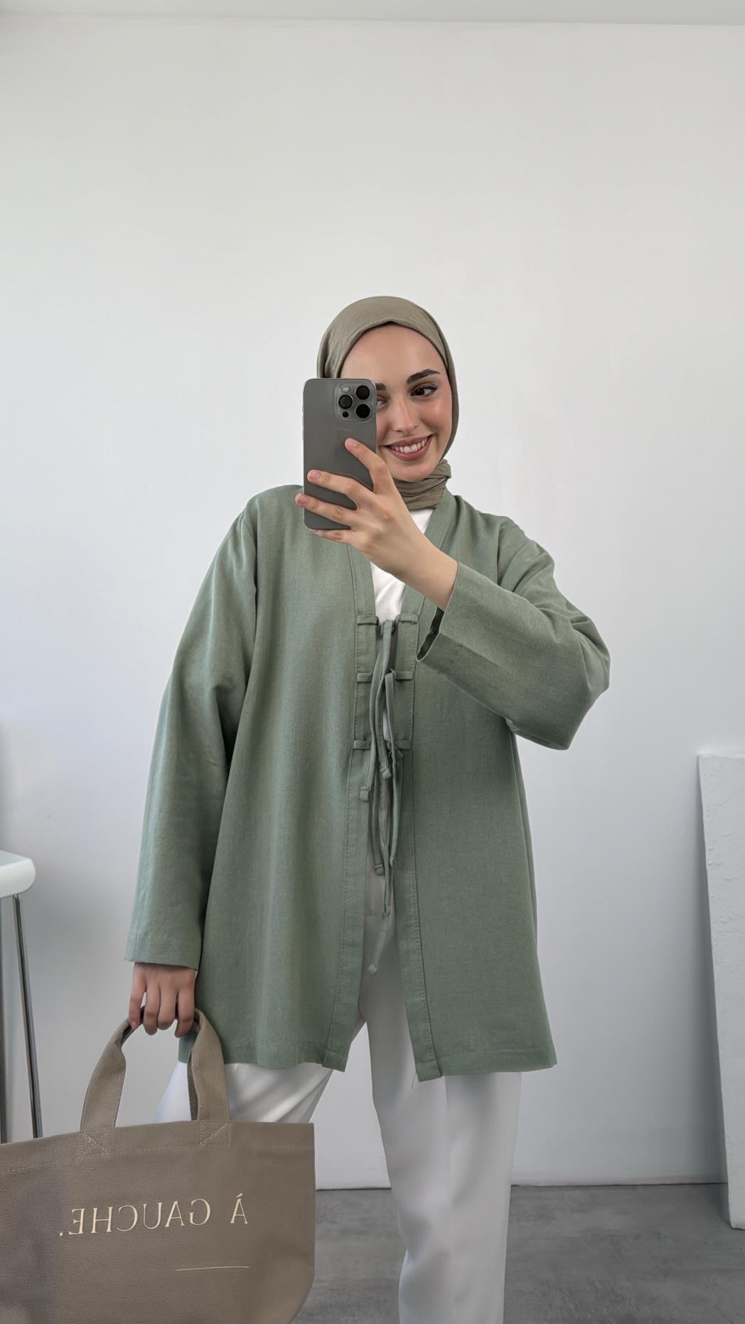 Önden Bağlamlı Keten Kimono Mint