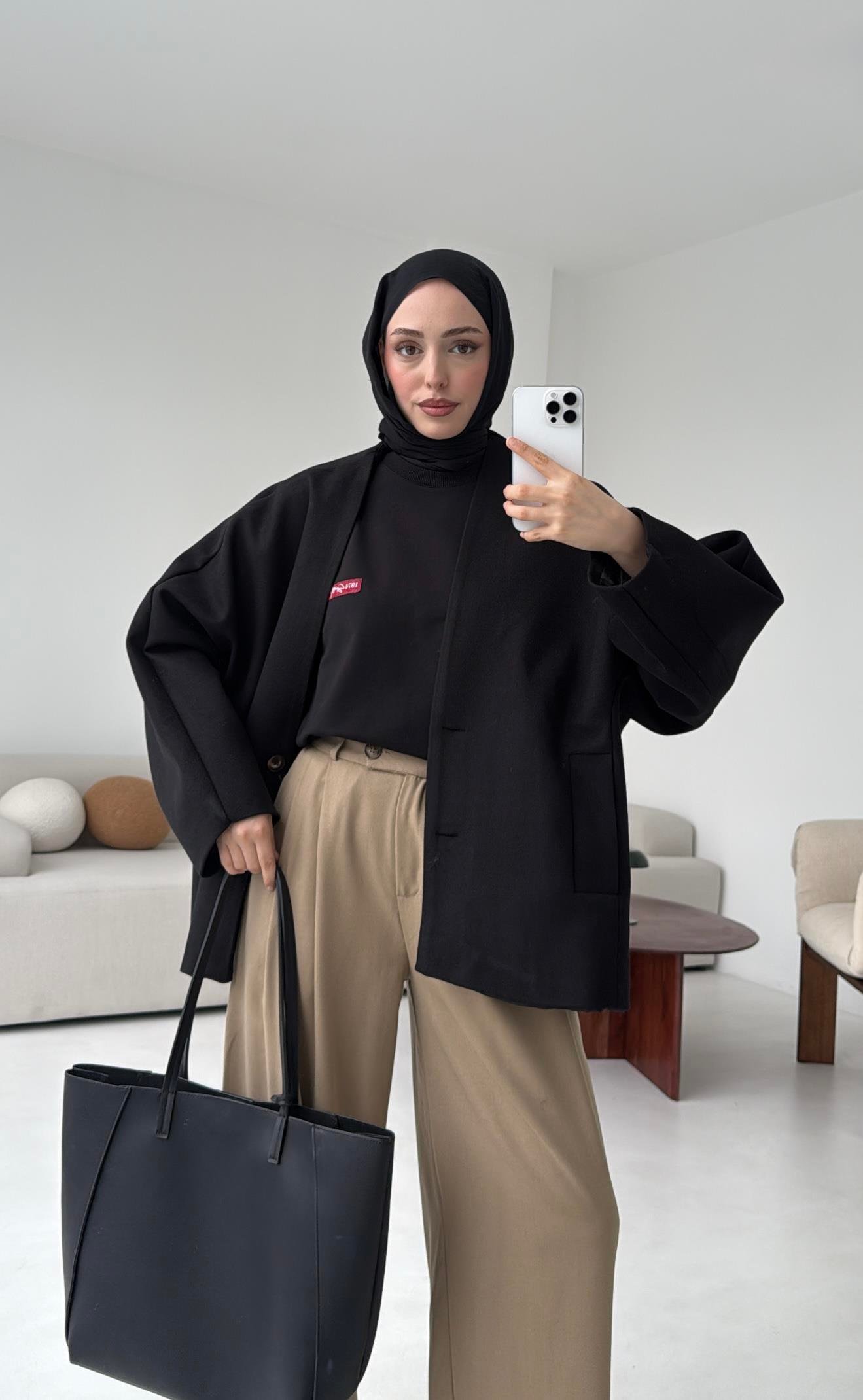Soft Oversize Kaşe Kaban Siyah