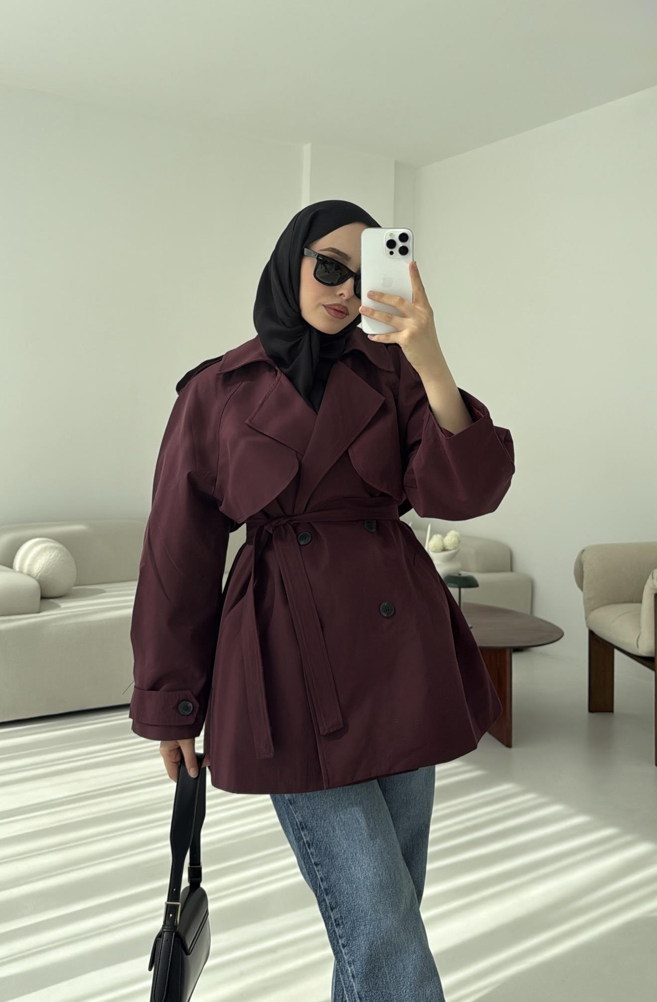 Allerli Kısa Trençkot Bordo