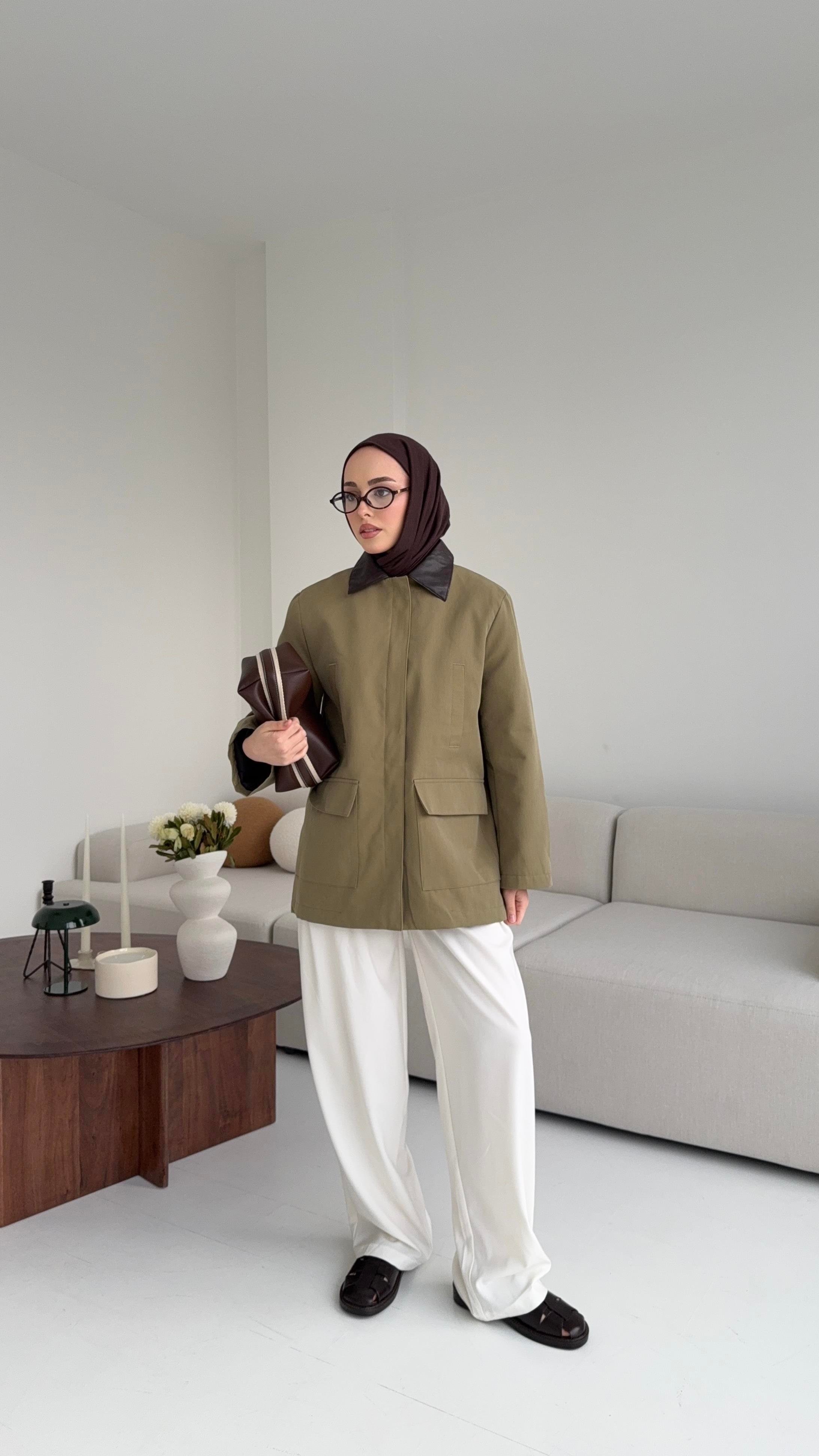 Yakası Deri İçi Kapitone Olive