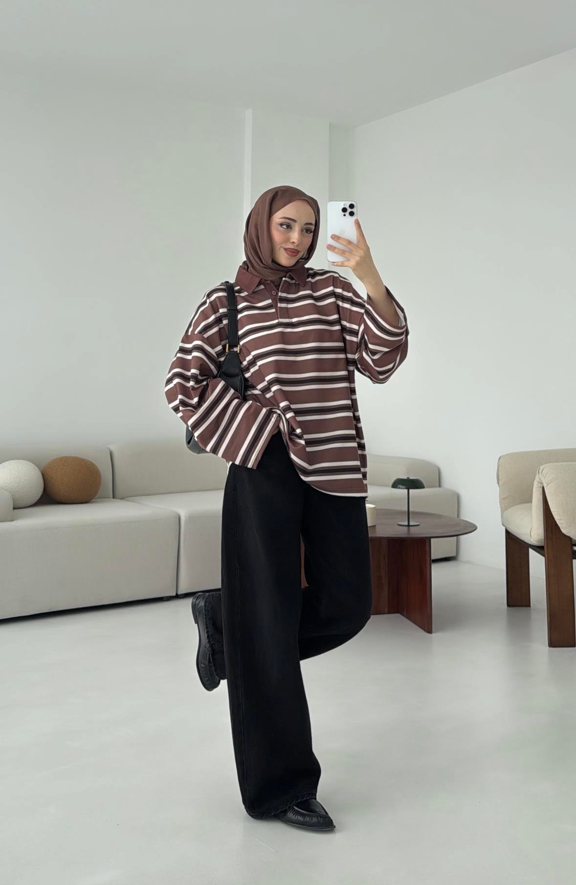 Kahve Çizgili Polo Yaka Sweatshrt
