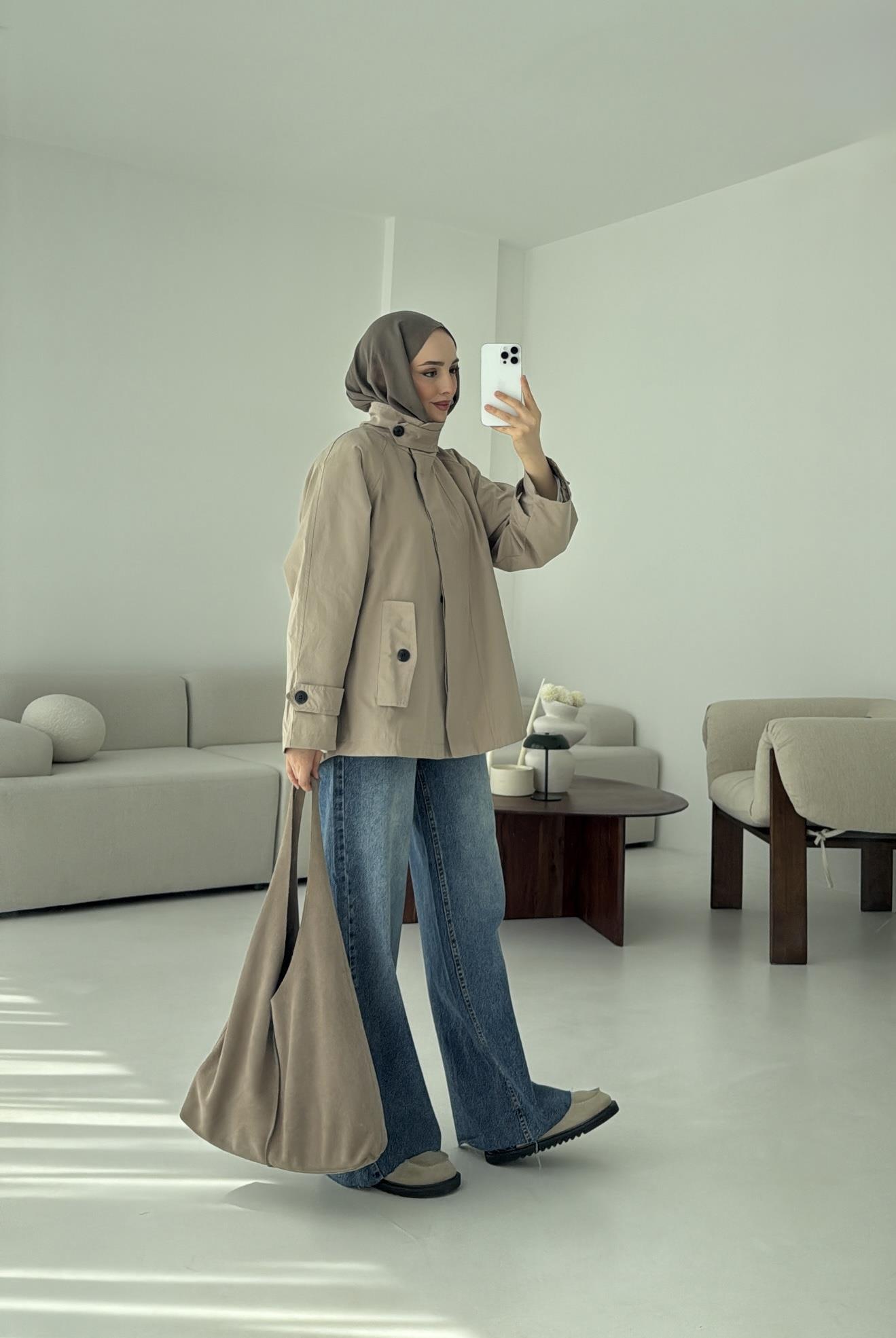 Minimal Yakalı Trençkot Vizon