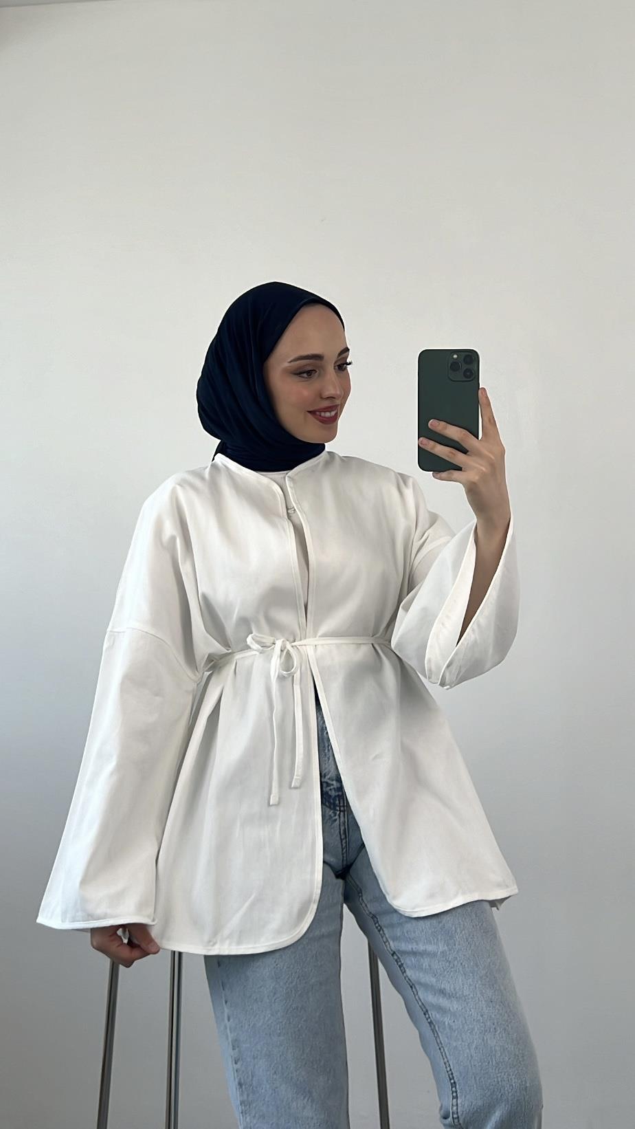 Seyyar Kemerli Kimono Beyaz