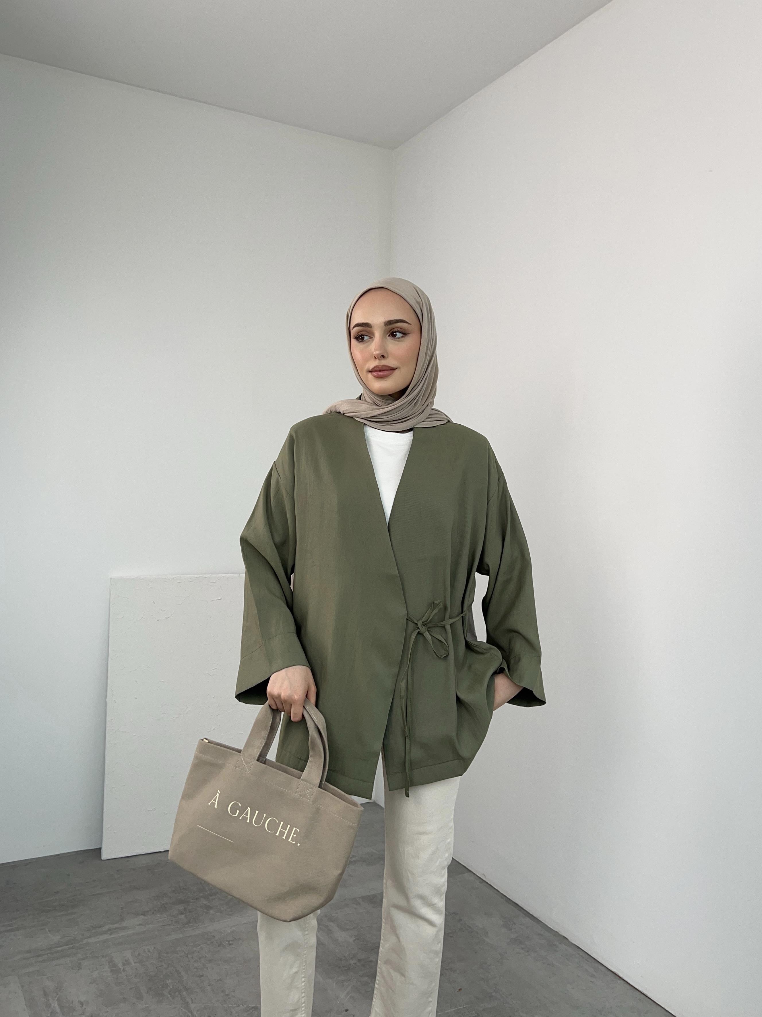 Yazlık Kumaş Yandan Bağlamalı Kimono Haki