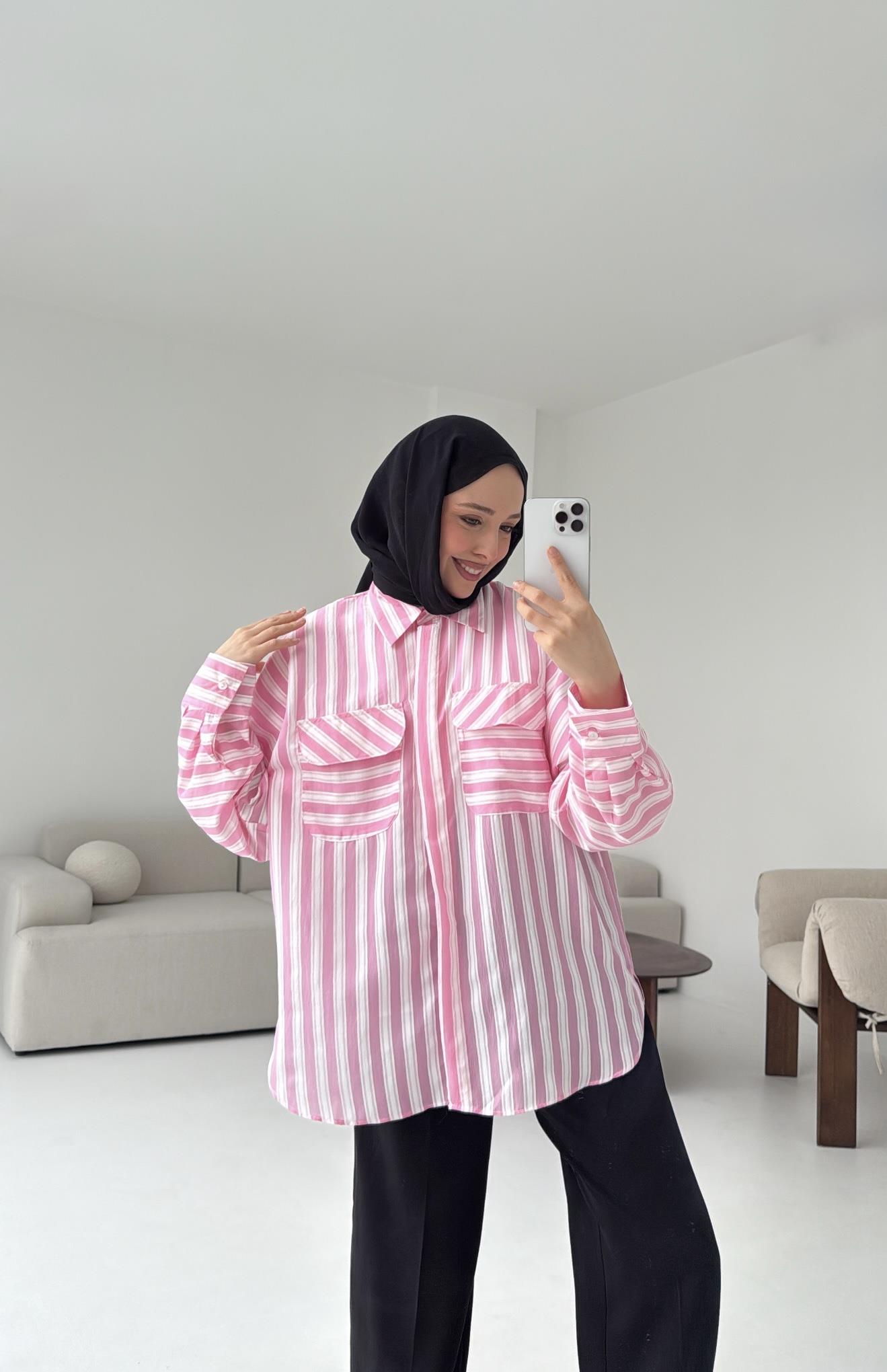 Kalın Çizgili Pembe Gömlek