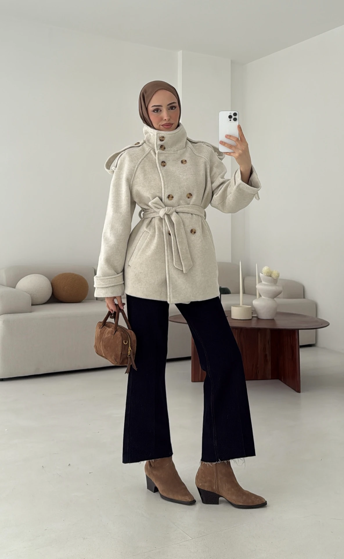 Kuşaklı Oversize Kaşe Kaban Bej