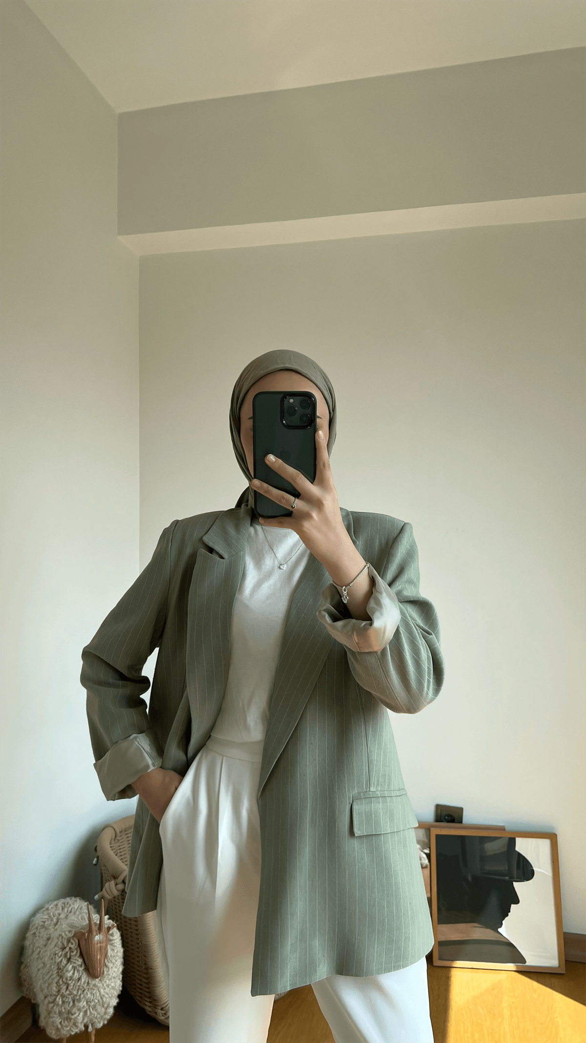 Çizgili Keten Haki Blazer Ceket