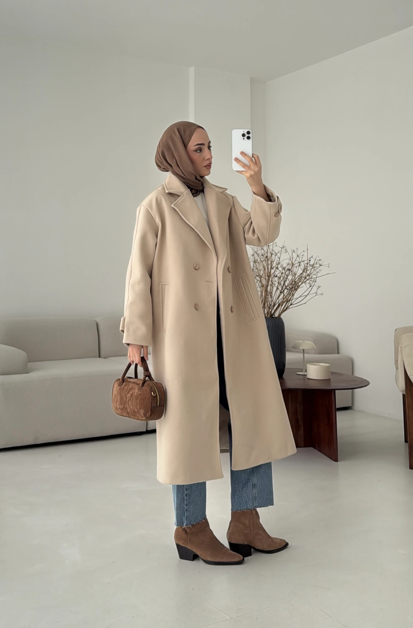  Çift Düğmeli Uzun Kaban Bej